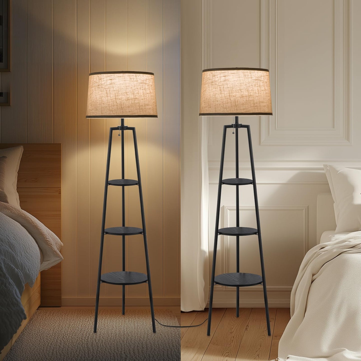 EOEYYOYB 3 Tier Shelf Floor Lamps for Living Room, Modern Standing Lamp with 3 Color Temperature Led Bulb, Tall Lamps for Bedroom and Office, Black