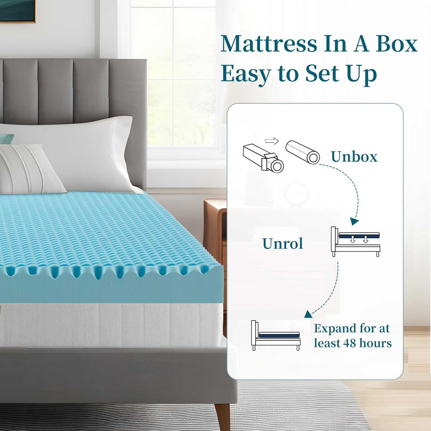 Zyerch 2 Inch Memory Foam Mattress Topper Twin XL, Egg Crate Twin XL Mattress Topper with Cooling Gel, Pressure Relief Plush Feel Breathable Bed Toppers for Bedroom, College, Dorm, RV