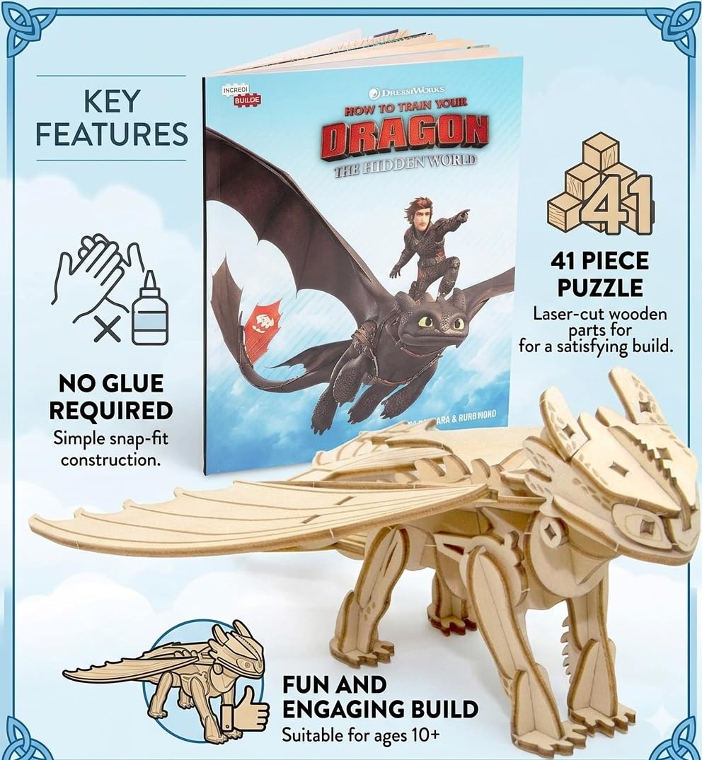 DreamWorks How to Train Your Dragon: Hidden World Toothless Book and 3D Wood Model Figure Kit - Build, Paint and Collect Your Own Wooden Toy Model - for Kids and Adults, 8+ - 7"