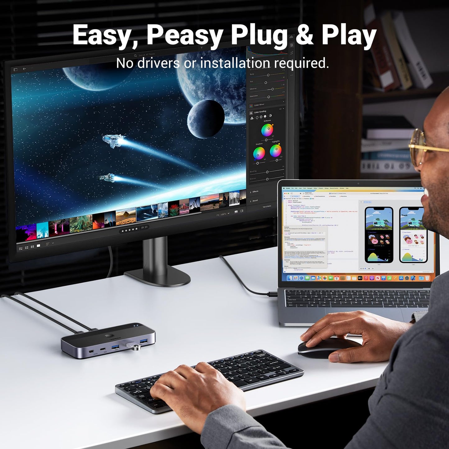 UGREEN USB 3.0 Switch 2 Computers Sharing USB C & A Devices, 4 Port USB Switcher Sharing Keyboard and Mouse, Printer/Scanner USB Switch Hub for Two Computers with 2 USB3.0 Cables and Controller