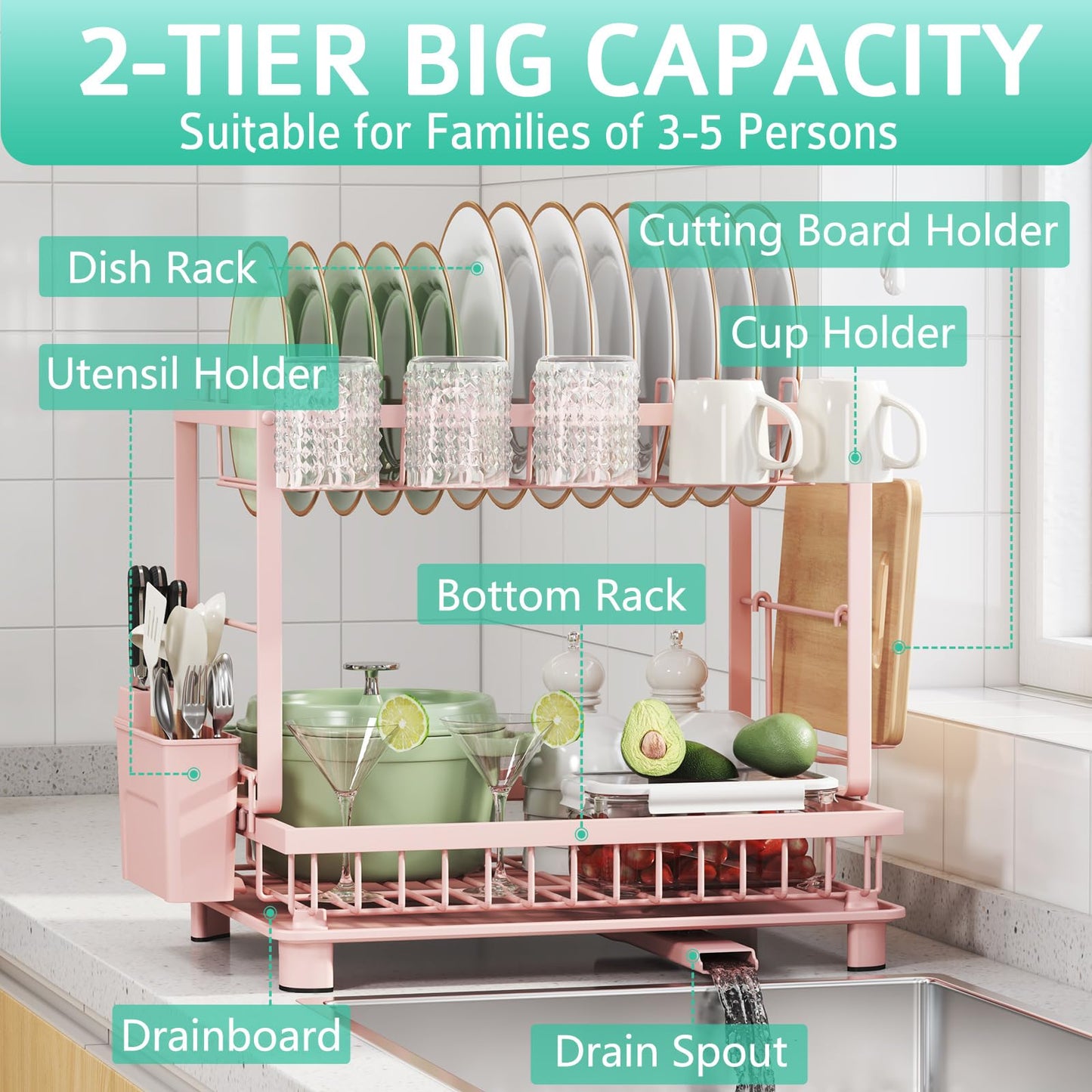 Nfnoyp Multifunctional Dish Drying Rack - Rustproof, 2-Tier Dish Racks with Drainboard, Space-Saving Design, Utensil & Cup Holder for Kitchen Counter, Pink