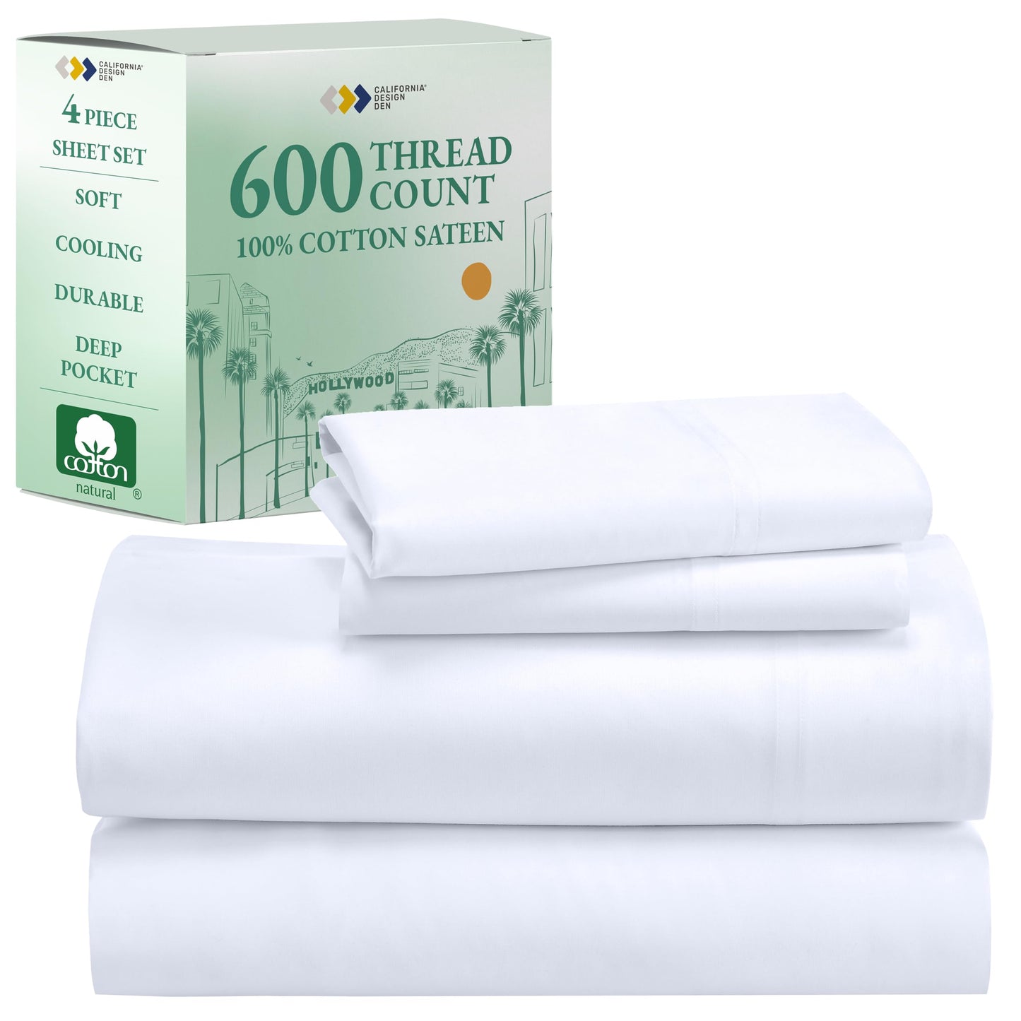 California Design Den Deep Pocket King Sheets Set - Luxury 600 Thread Count Sateen, 100% Cotton Sheets with All Around Elastic for a Snug Fit, Hotel Quality Bedding Set - White