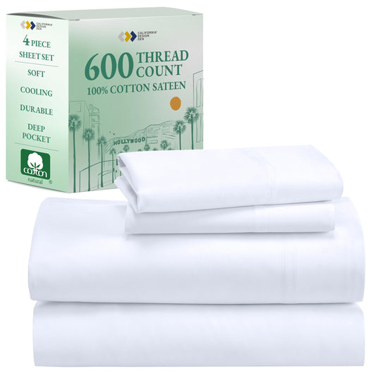California Design Den Deep Pocket King Sheets Set - Luxury 600 Thread Count Sateen, 100% Cotton Sheets with All Around Elastic for a Snug Fit, Hotel Quality Bedding Set - White