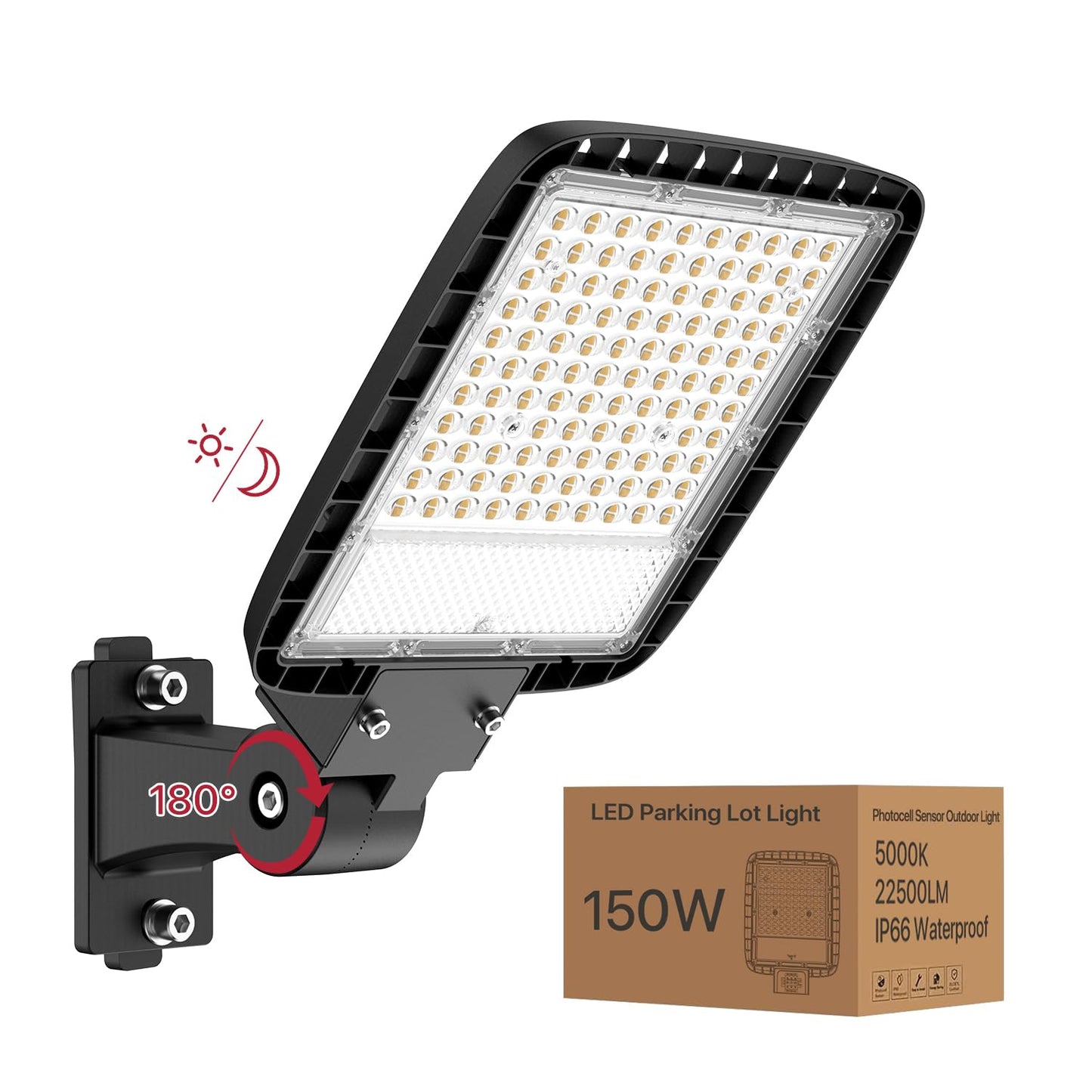 Kifflux 150W Led Parking Lot Light Adjustable Arm Mount 18000LM Flood Light 5000K IP65 Waterproof Shoebox Street Lights with Dusk to Dawn Photocell Outdoor Lighting for Yard, Warehouse, Barn, AC120V
