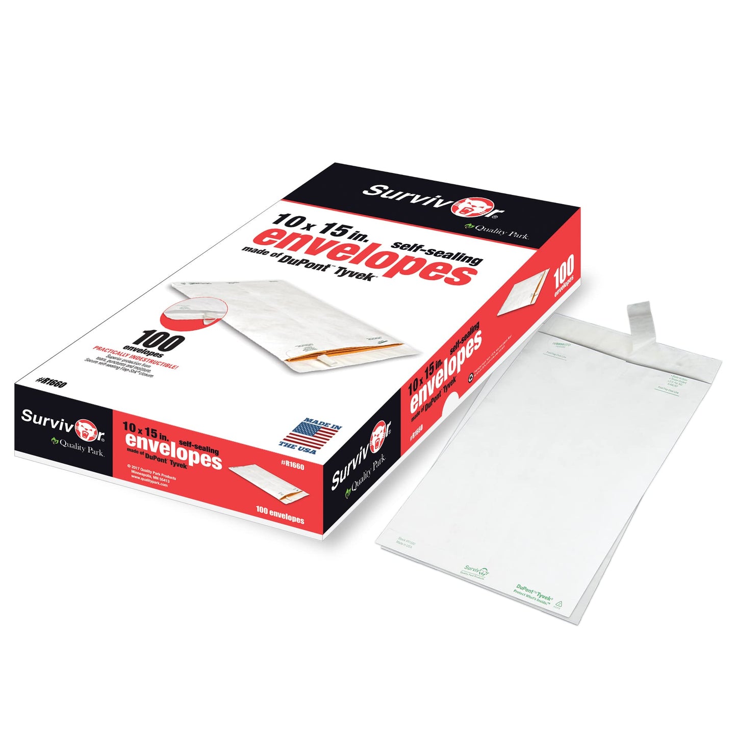 Quality Park QUAR1660 Survivor 10 x 15 Tyvek Catalog Mailer with Self Sealing Closure, 14 lb Puncture, Tear and Moisture Resistant DuPont Tyvek Envelopes, 100 per Box (R1660),White