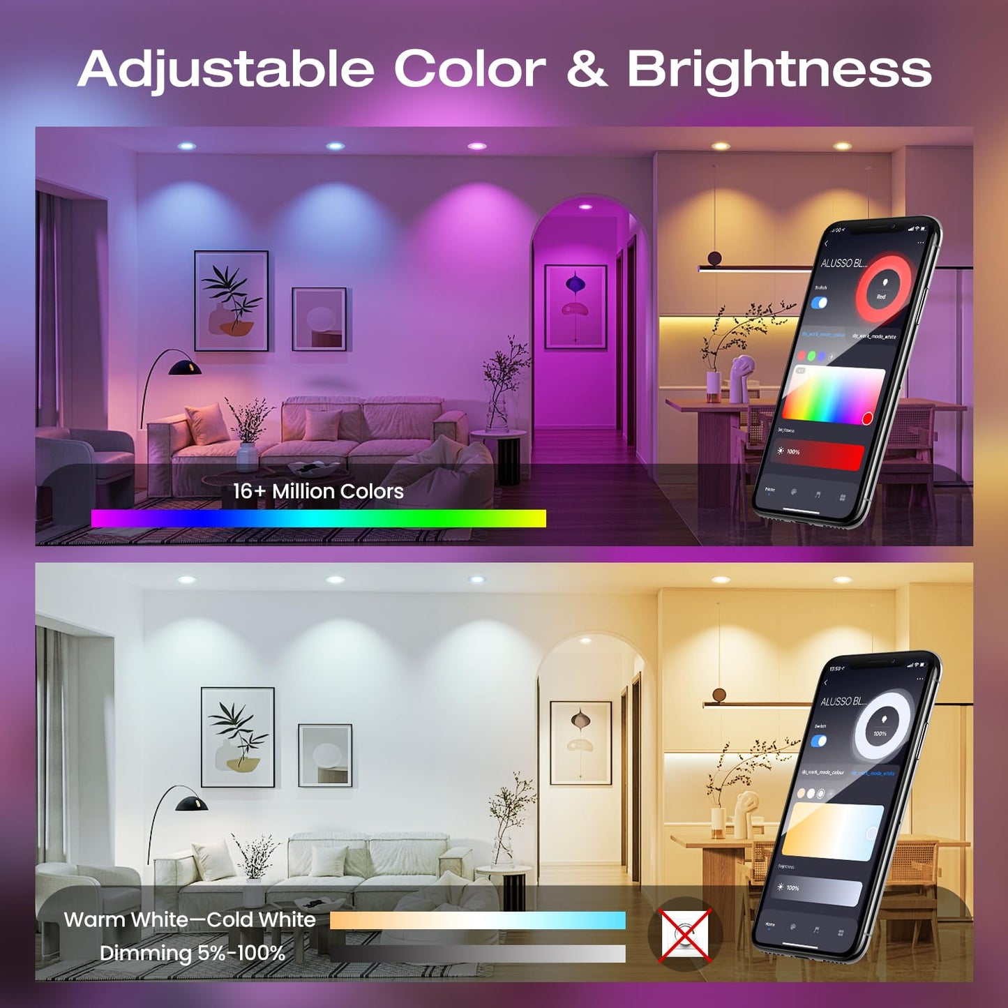 ALUSSO LIGHTING® Smart LED Recessed Lighting 5/6 Inch 6 Pack,Wi-Fi & Bluetooth Dual Control,Smart Can Lights RGB Color Changing Retrofit,Dimmable 1100LM Downllight Works with Alexa & Google Assistant