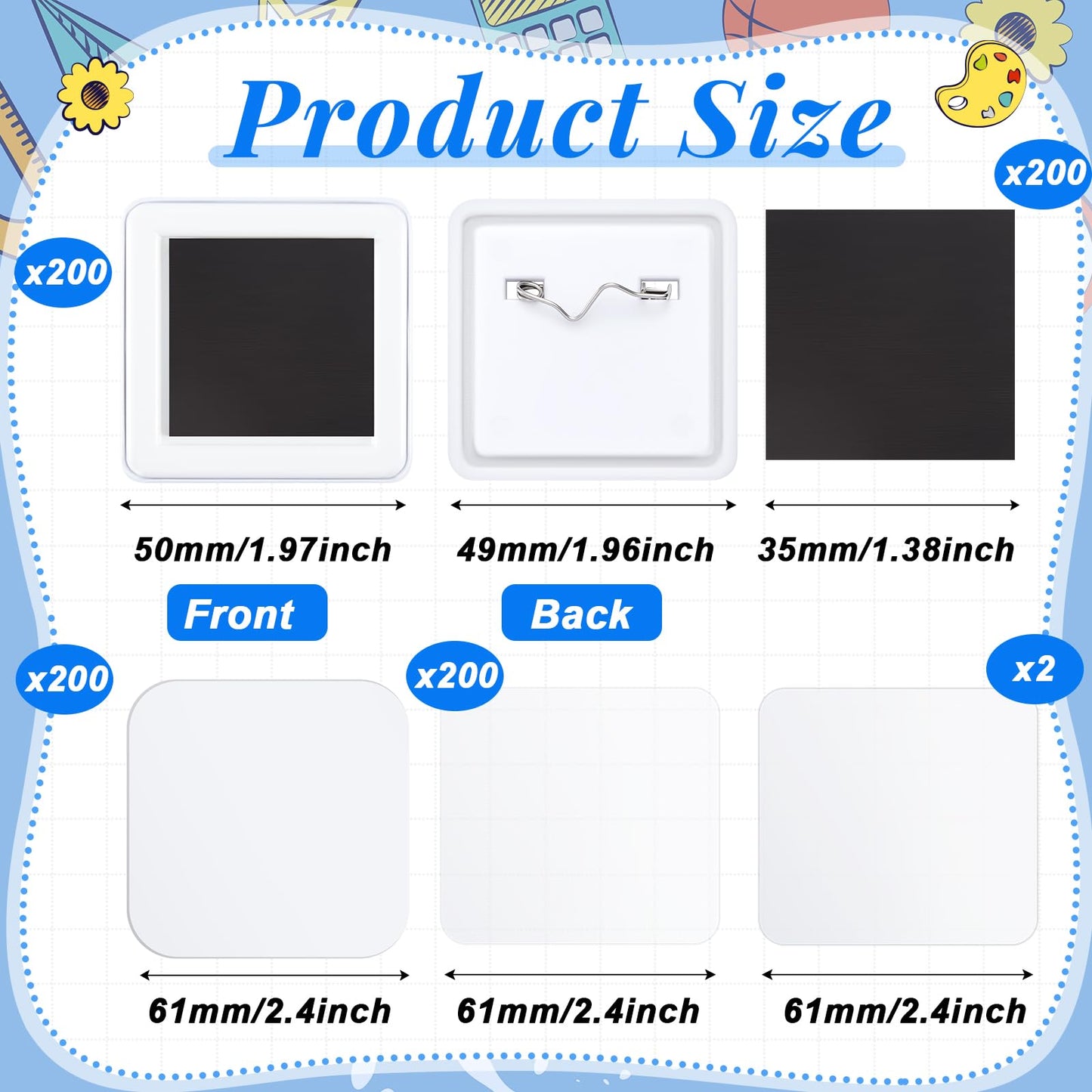 Teenyyou 200 Sets 50mm/ 2 Inch Button Press Supplies Square Button Parts DIY Fridge Magnets Craft Set Including Magnet, Metal Cover, Plastic Back Cover, Pins, Transparent Film, Blank Paper (Plastic)