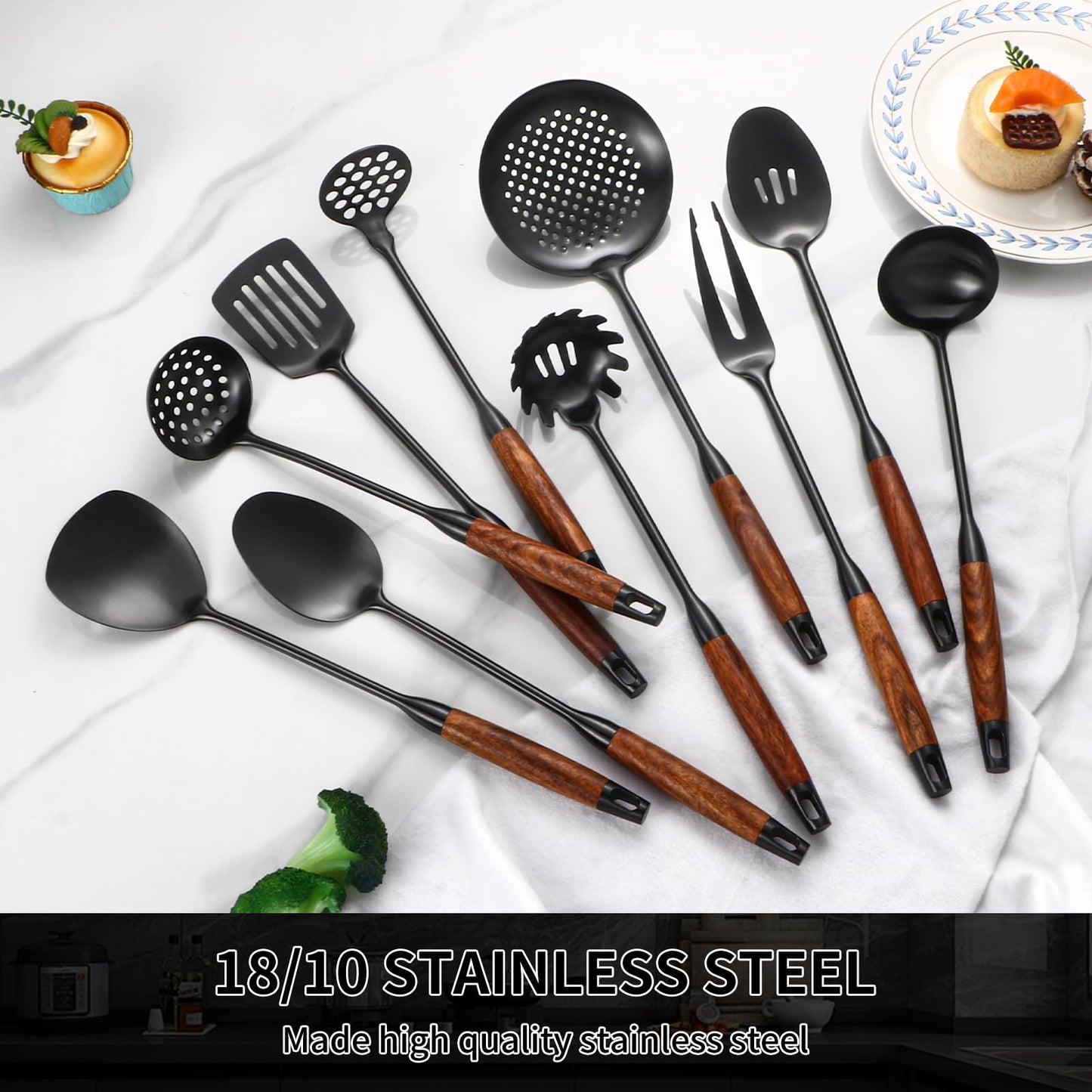 18/10 Stainless Steel Kitchen Utensils Set with Wood Handle Metal Cooking Utensils Set 10 Piece - Spatula, Spoon, Ladle, Skimmer, Slotted Turners, Pasta,Turner, Ladl, Fork