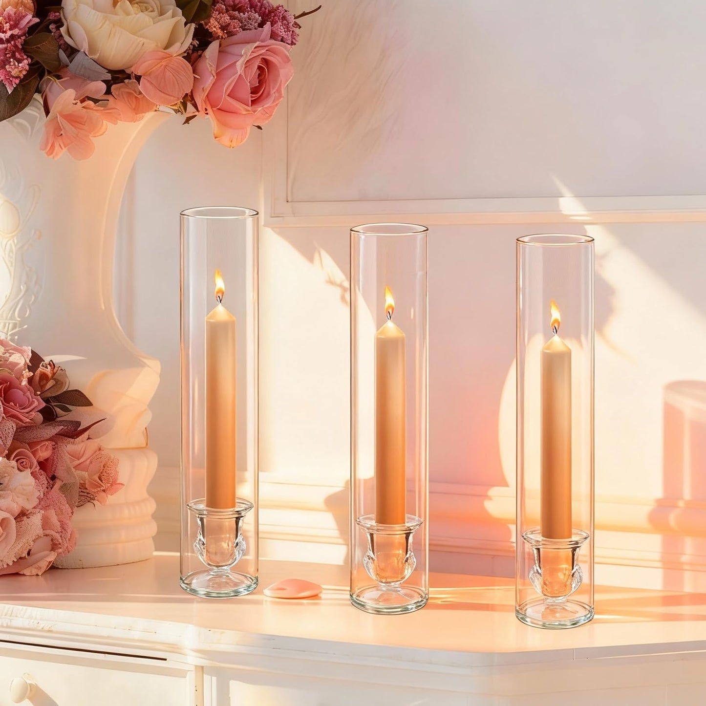 12 Sets Glass Hurricane Candle Holders - 12.6” Glass Candlestick Holders with Clear Tall Cylinder Candle Sleeves for Wedding, Christmas Table Decor (12)