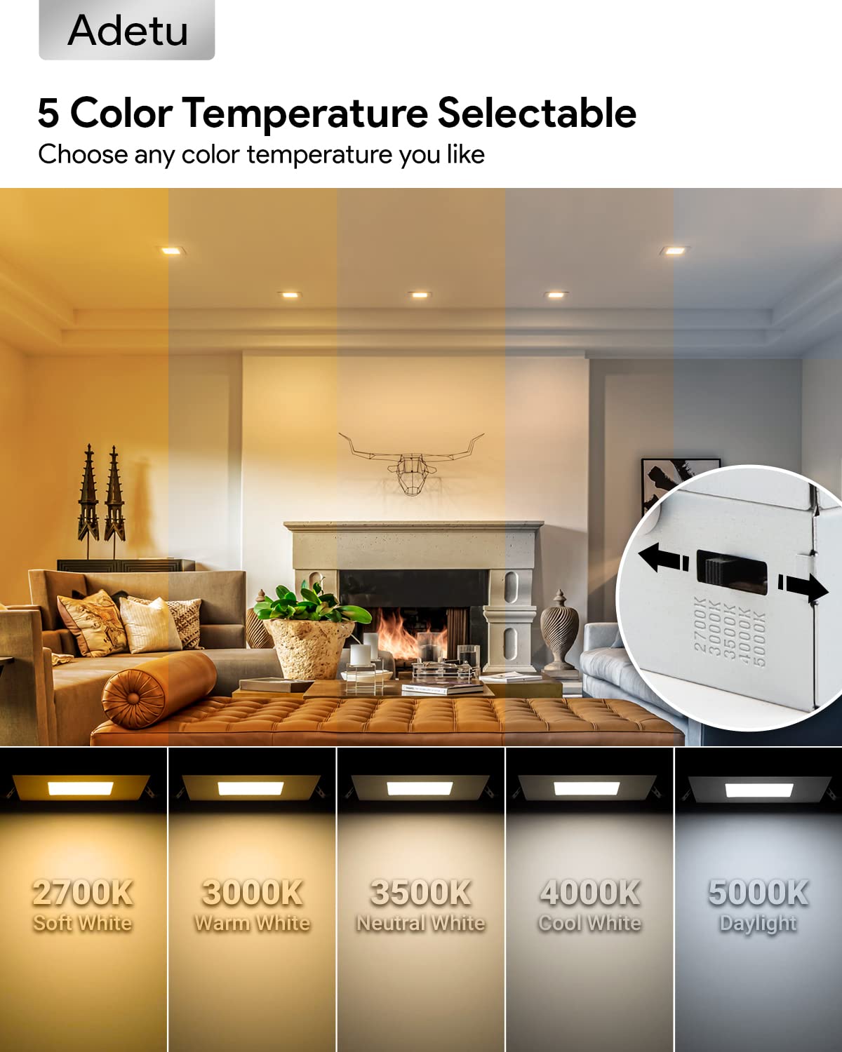 Adetu 6 Pack 6 inch Square Led Recessed Lighting Black,5CCT Ultra Thin Square Led Ceiling Light with Junction Box, 2700K/3000K/3500K/4000K/5000K Selectable,Dimmable,ETL and Energy Star Certified