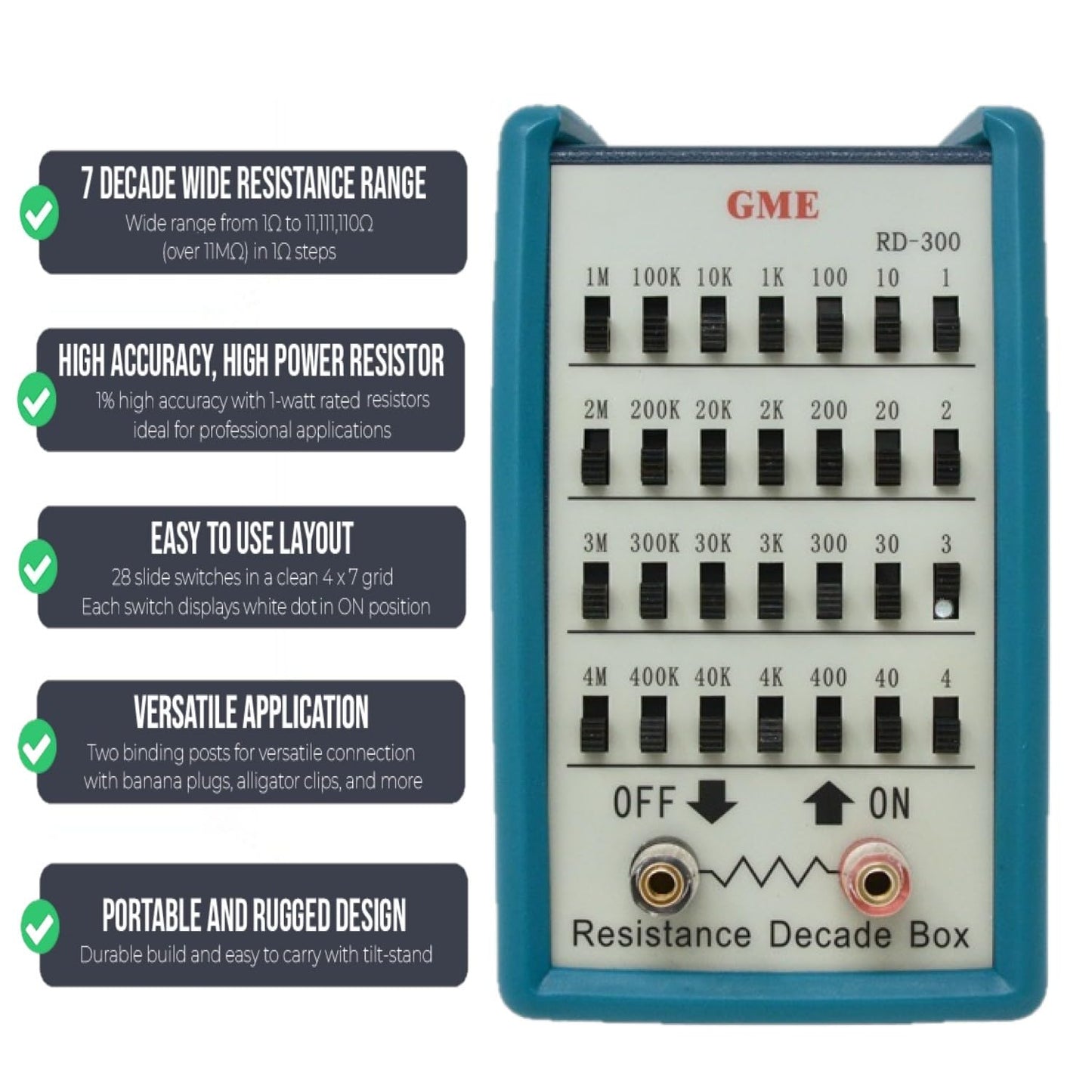 GME RD-300 Resistance Substitution Decade Box, 7 Decades Range, 1Ω to 11MΩ, 1% Accuracy, 1-Watt Rated resistors, Designed in The USA