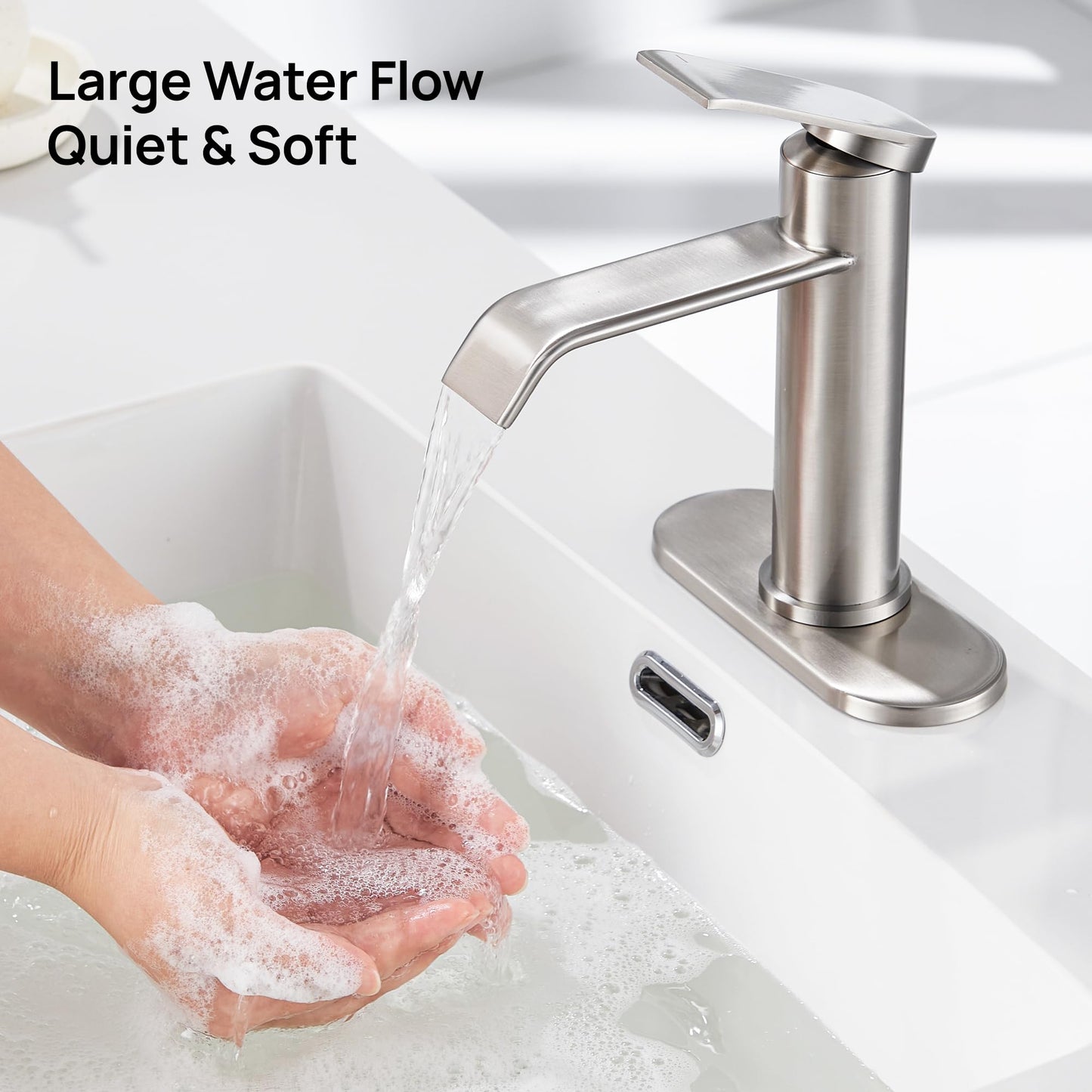 GAGALIFE Bathroom Faucet 1 Hole, Brushed Nickel Bathroom Sink Faucet with Metal Pop-up Drain Supply Lines and Deck, Modern Waterfall Bathroom Faucets Single Handle, JJL-MP-7001BN