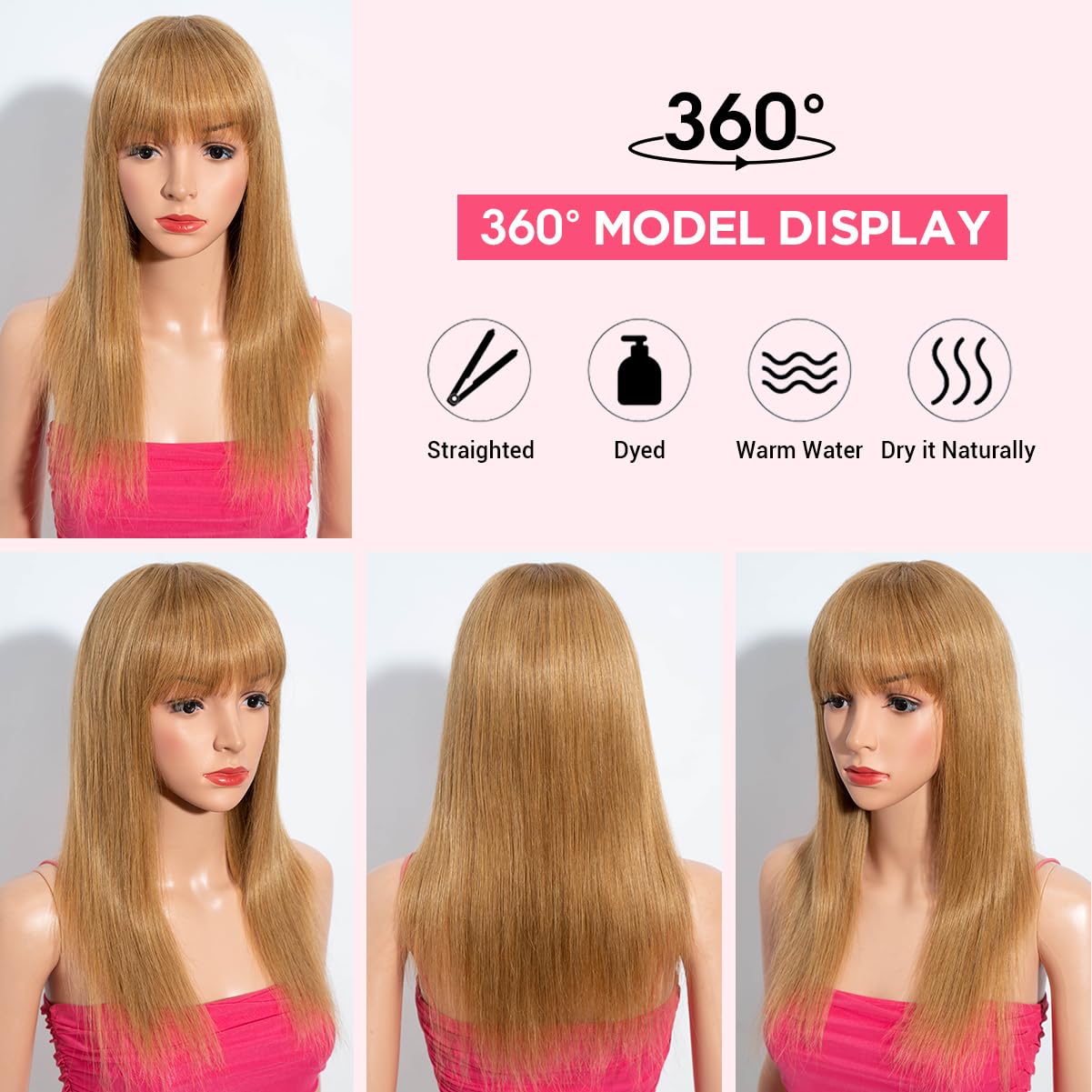 Rebecca Fashion 16 Inch Honey Blonde Straight Wigs with Bangs Human Hair Wigs for Black Women None Lace Front Wigs 10A Brazilian Virgin Hair Glueless Machine Made Wig