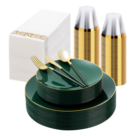 175 Pieces Green Gold Plastic Dinnerware Set, Gold Disposable Plates for Party, Include 50 Green Plates with 75 Plastic Cutlery, 25 Napkins and 25 Cups
