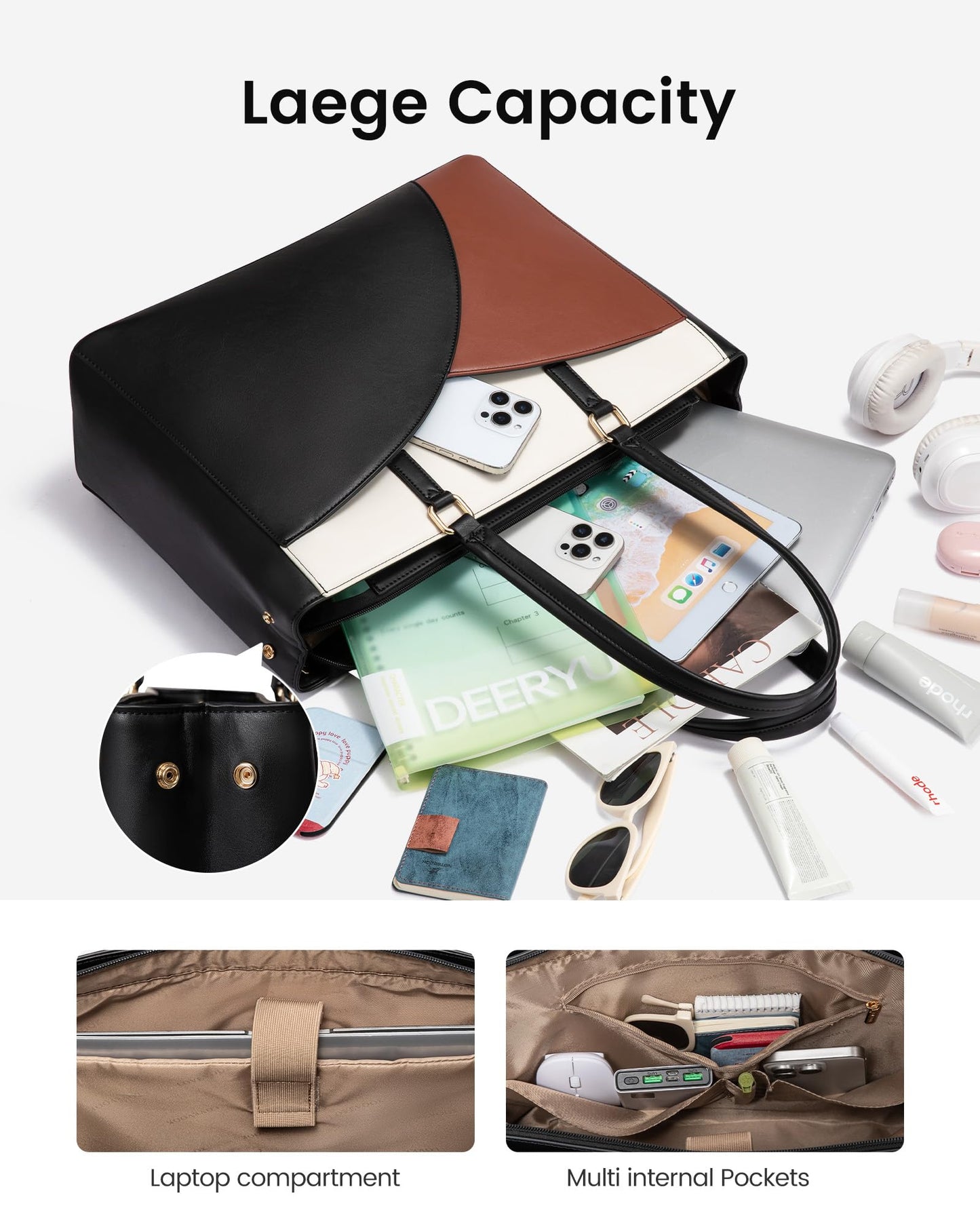 LOVEVOOK Laptop Bag for Women,17.3Inch Work Teacher Bags Leather Tote Bag Briefcase Waterproof Computer Bag for Women，Black-White-Brown