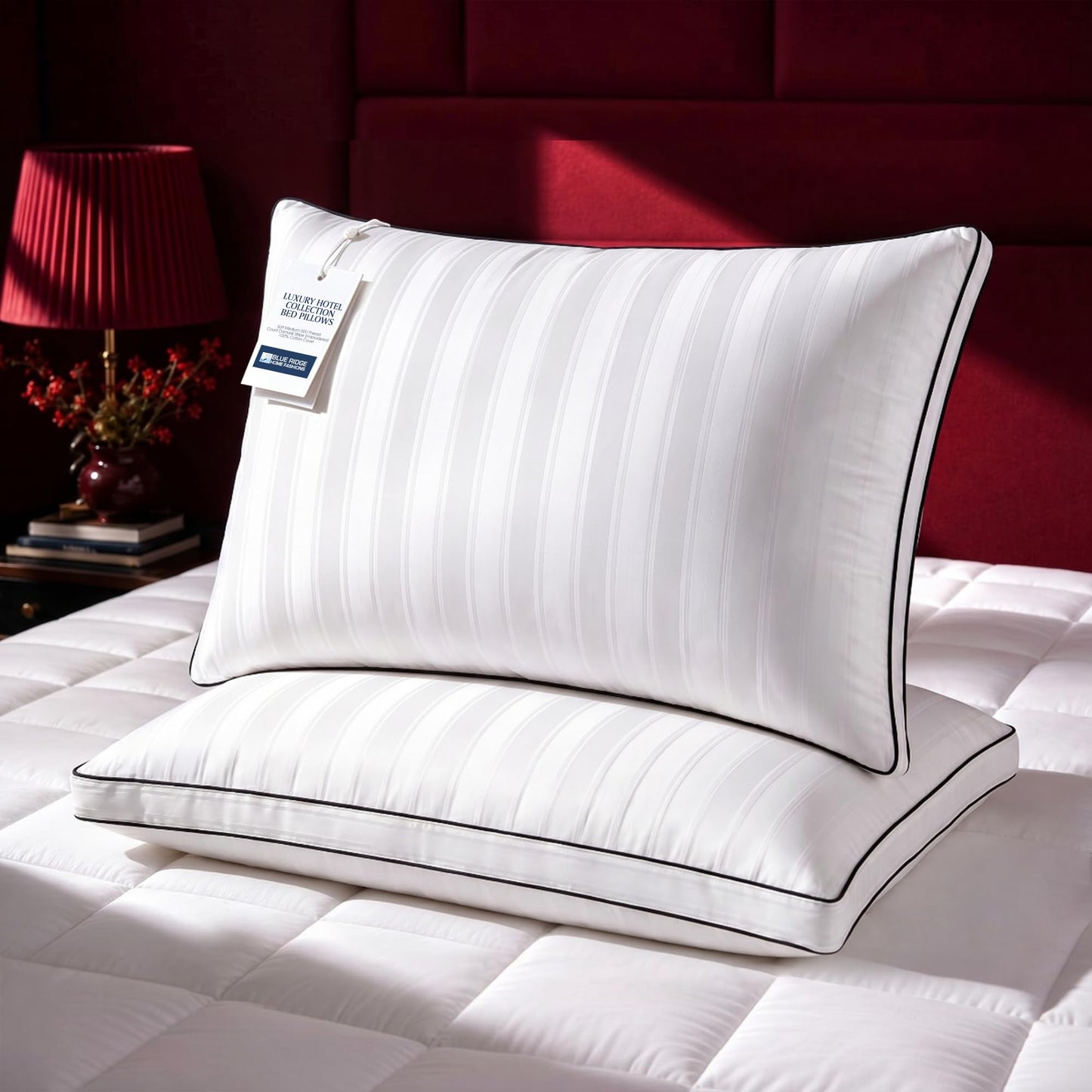 Blue Ridge Home Fashions Luxury Hotel Collection Bed Pillows Queen Size Set of 2, Soft Medium 500 Thread Count Damask Stripe Embroidered 100% Cotton Cover, Gusseted Down Alternative