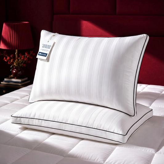 Blue Ridge Home Fashions Luxury Hotel Collection Bed Pillows Queen Size Set of 2, Soft Medium 500 Thread Count Damask Stripe Embroidered 100% Cotton Cover, Gusseted Down Alternative