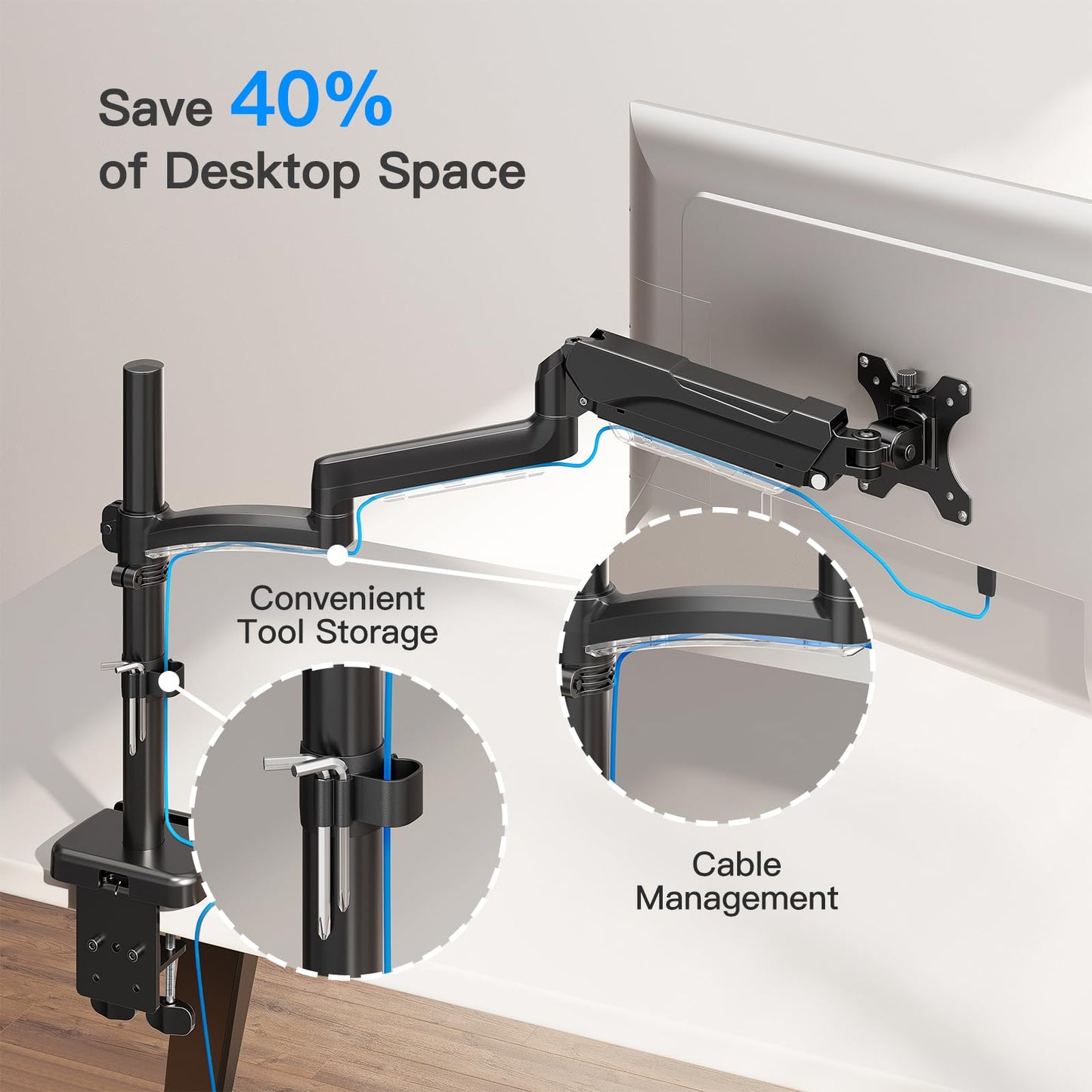 ErgoFocus Long Arm Monitor Mount, 13 to 32 inch Computer Desk Mount, Extra Long Adjustable Stand, Hold up to 19.8lbs, Tall Arm with Tilt, Swivel, Rotation, VESA 75/100mm