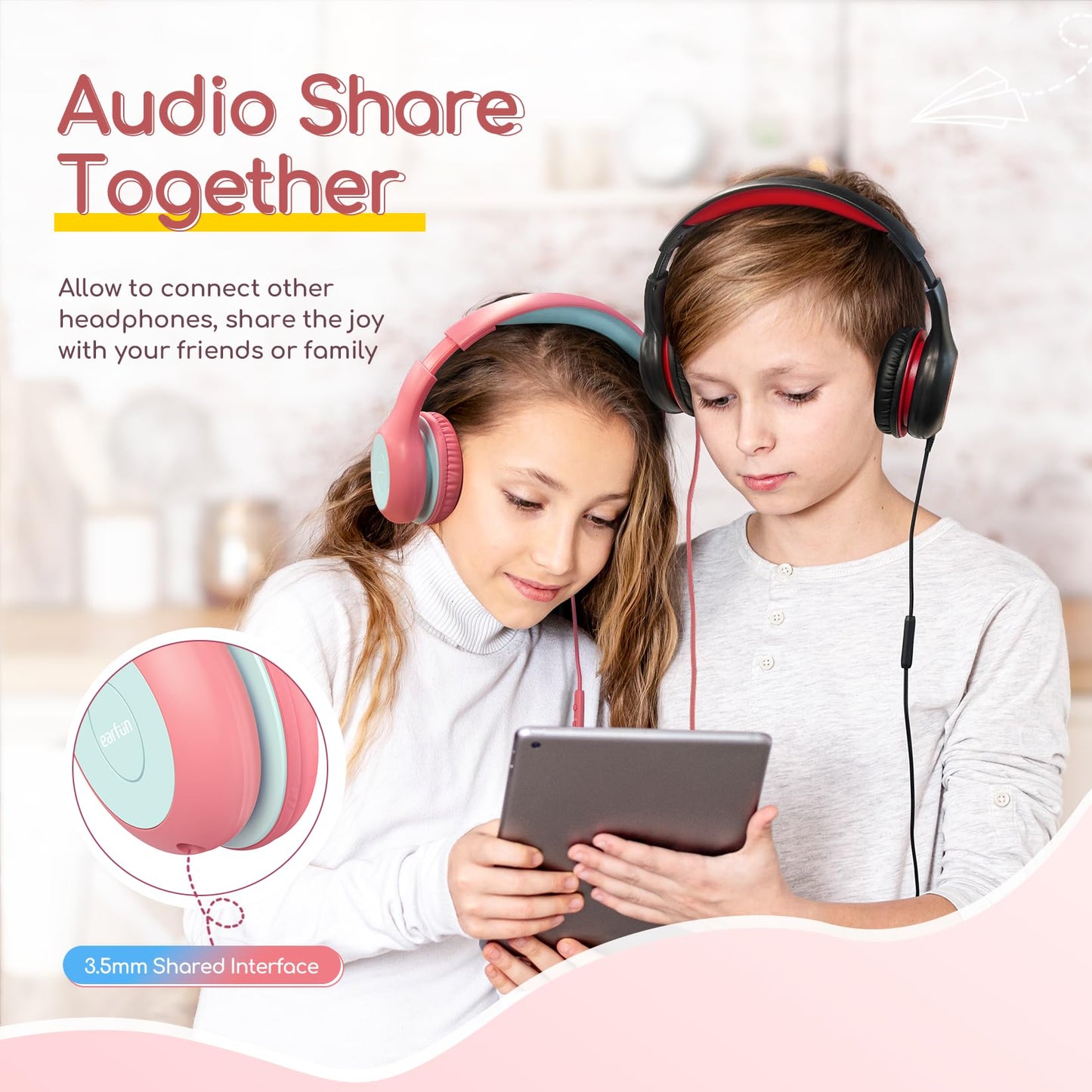 EarFun 3Packs Kids Headphones Wired with Microphone, 85/94dB Volume Limit Headphones for Kids, Portable Wired Headphone with Shareport, Stereo Sound Foldable Headset for School/Tablet/iPad/Kindle