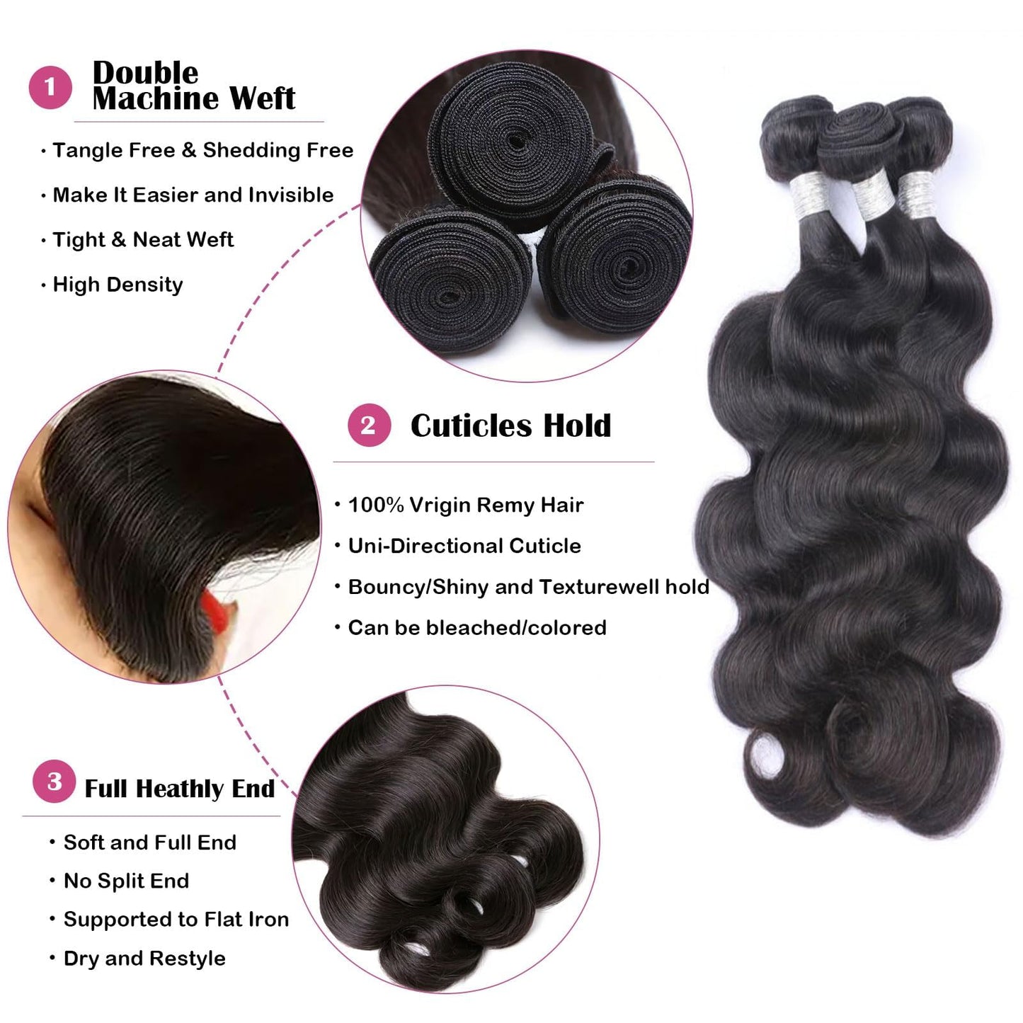 SilkSleek Body Wave Bundles Human Hair 16 18 20 Inch 12A 3 Bundles 100% Unprocessed Virgin Remy Hair Quick Weave Bundles Hair Extensions for Black Women Double Weft Sew in Bundles Natural Color