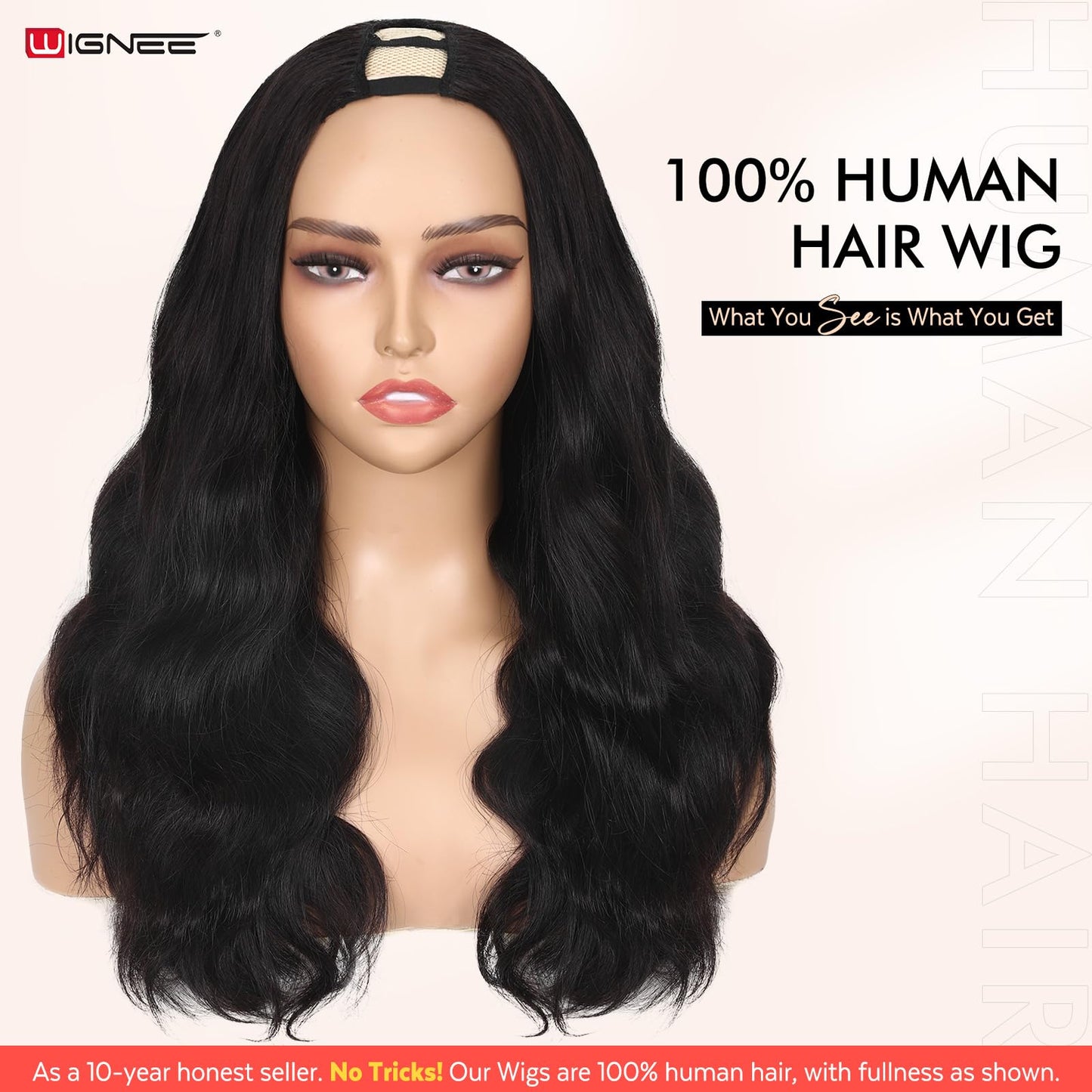WIGNEE U Part Human Hair Body Wave Wig 100% Unprocessed 12A Grade Brazilian Virgin Human Hair Clip in V Part Body Wave Wigs for Black Women Human Hair Glueless 18 Inch Black Curly Human Hair Wig