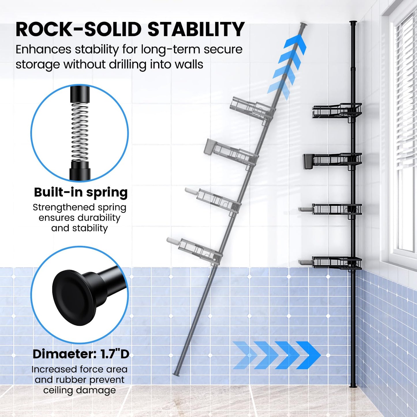 Corner Shower Caddy Tension Pole: 4-Tier Adjustable Rustproof Bathroom Organizer Shelves - No-Drill Bathtub Shampoo Rack Standing Shower Caddy for Renters, Apartment & Family Bathroom 31-124 inch