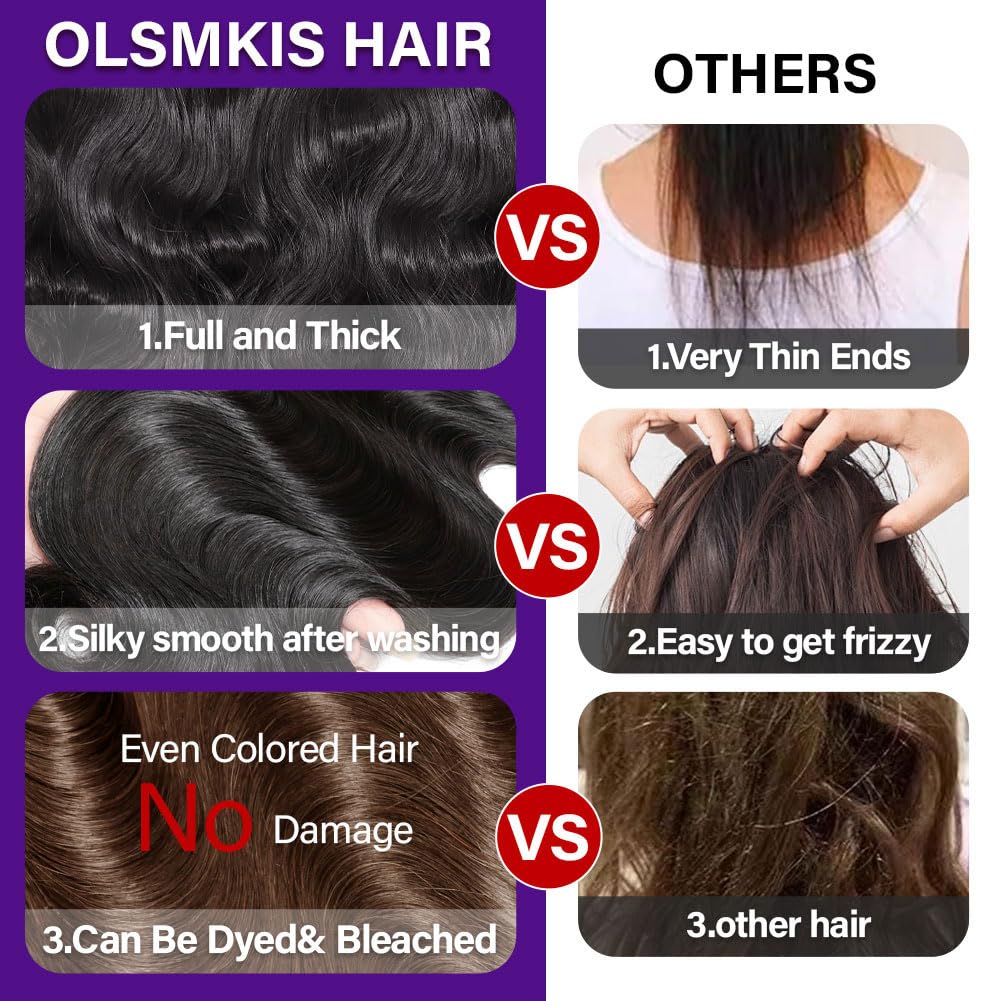 Olsmkis Body Wave Bundles Human Hair 18 20 22 Inch 3 Bundles Human Hair 300g 100% Unprocessed Brazilian Virgin Raw Hair Extensions Natural Black Weave Real Human Hair Bundles for Women