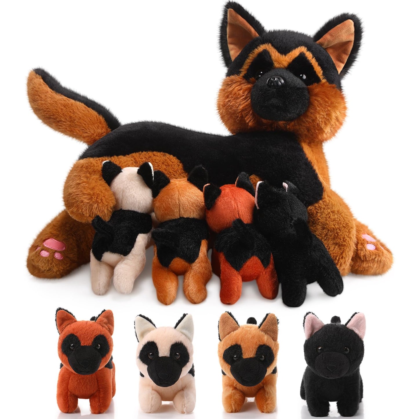 HyDren Nurturing German Shepherd Plush Toys Sets 15 Inch Soft Cuddly Nursing Mommy Dog Stuffed Animal with 4 Magnetic Stuffed Baby Puppies for Kids Birthday Holiday Party Favor Gifts Home Room Decors