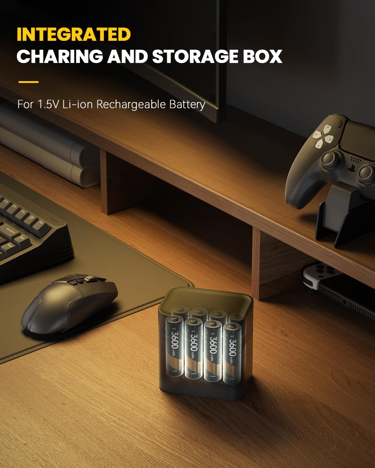 Mupoer Rechargeable AA Lithium Batteries 8 Pack with Charger,3600 mWh 1.5V Double A Batteries High Capacity,Long Lasting Rechargeable AA Li-ion Battery with Integrated Charging Storage Box - Golden