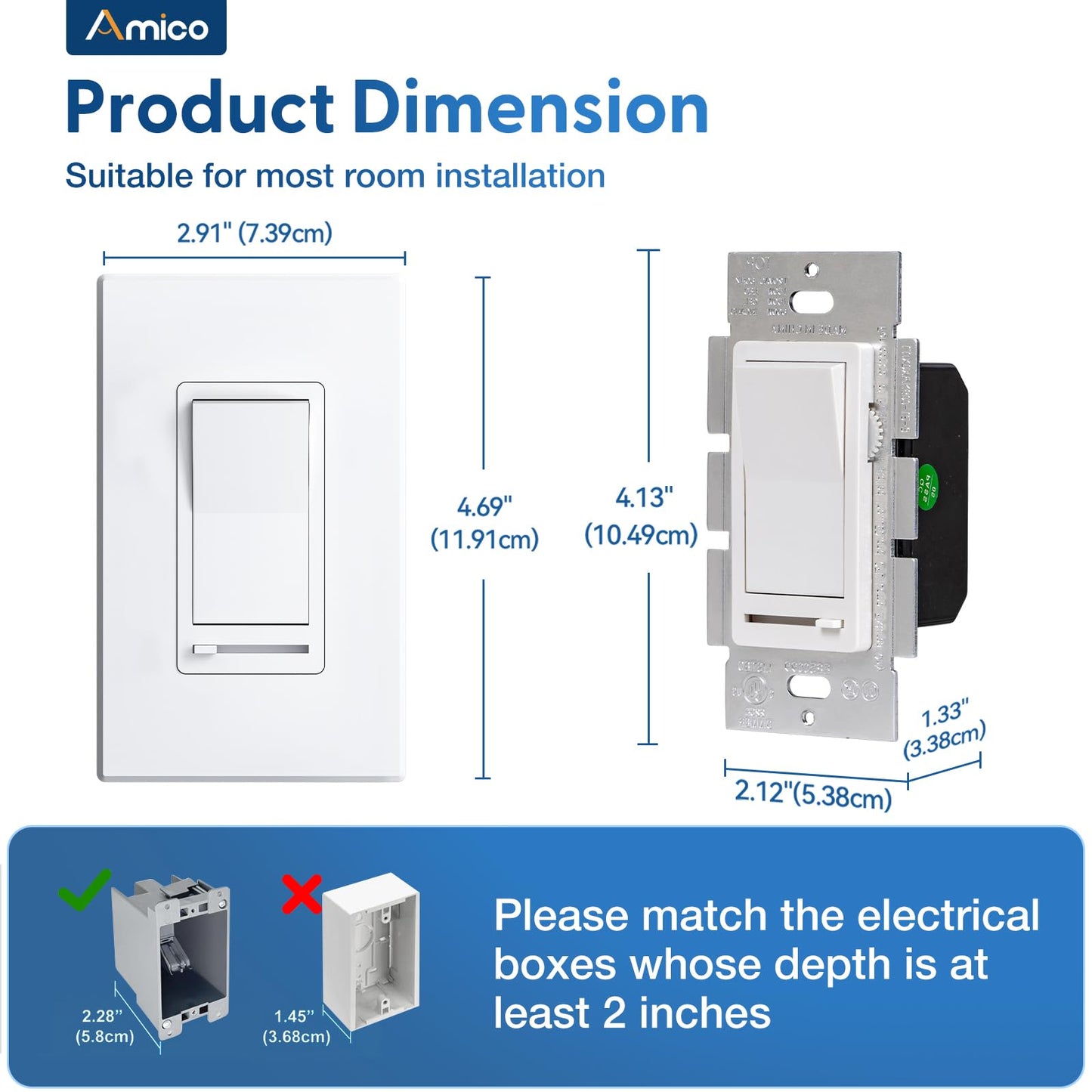 Amico 12 Pack Dimmer Light Switch, Single-Pole or 3-Way Slide Dimmer Switches for Led Lights, Suitable for 150W Dimmable LED/CFL Lights and 600W Incandescent/Halogen, Wall Plate Included, White