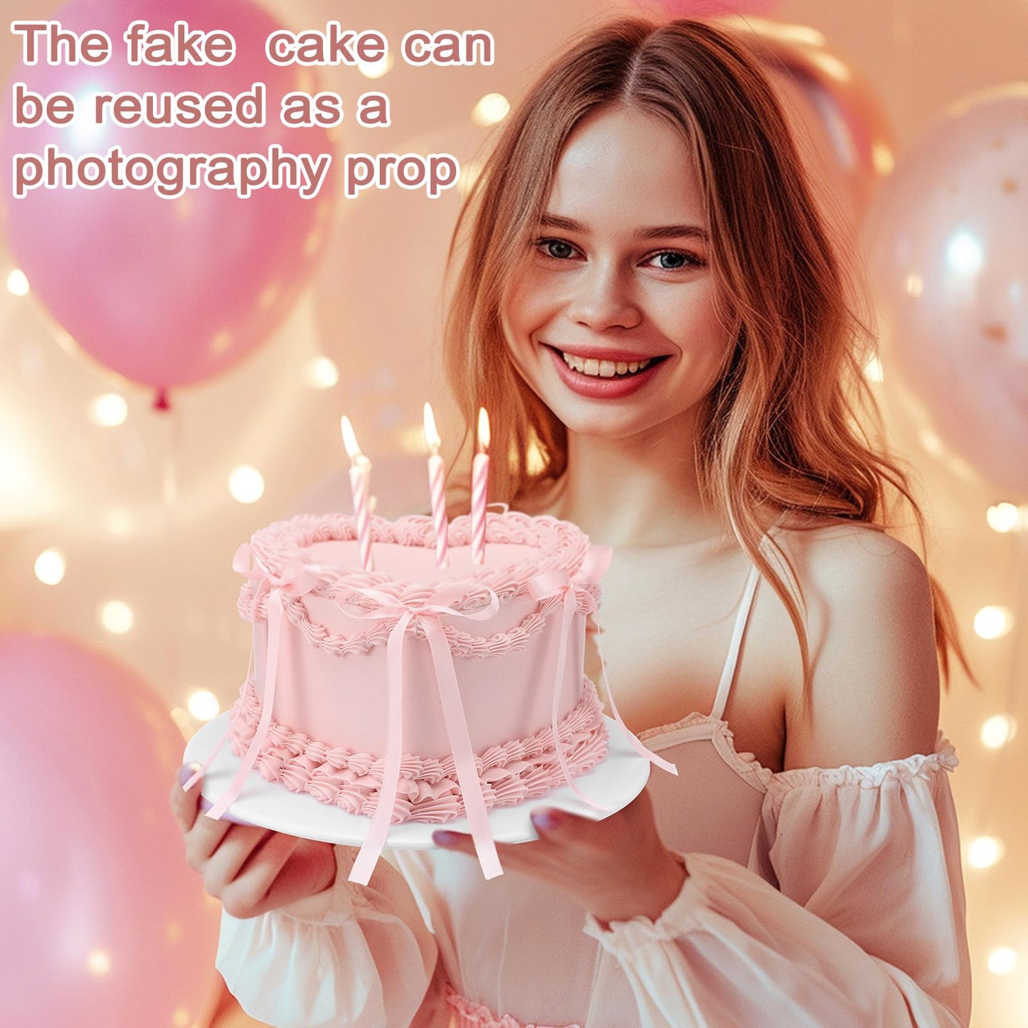 Remerry 6 Inch Pink Bow Fake Cake Coquettish Birthday Fake Cake Decor Wedding Dessert Props Reusable Artificial Heart Dessert for Props Women Birthday Gift Anniversary Party Decor
