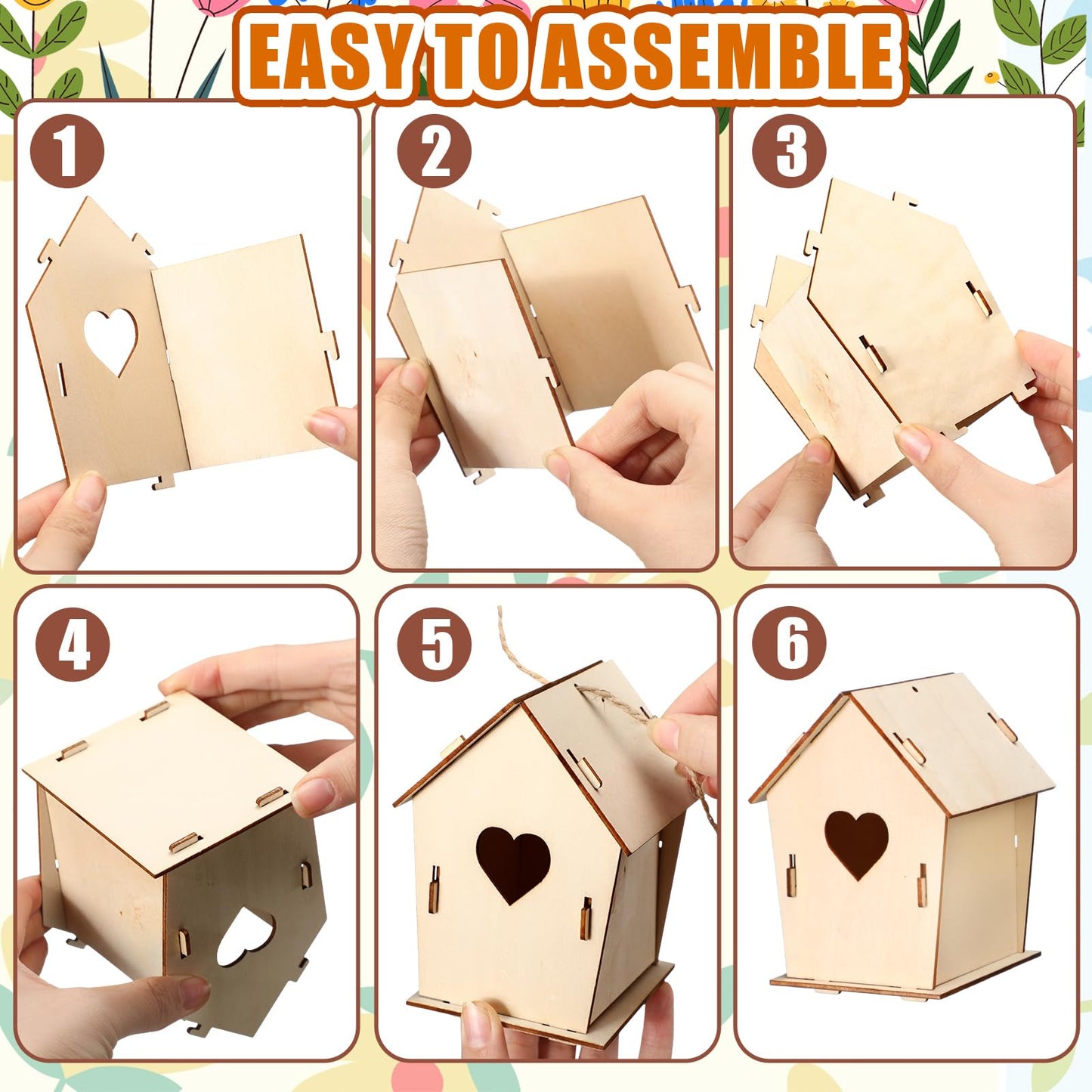 Amyhill 48 Pack Wooden Bird Houses Set for DIY Crafts Bulk Spring Unfinished DIY Wood Birdhouses to Paint Build Art Painting Bird House Hanging Spring Ornaments for Tree Crafts Party Gifts