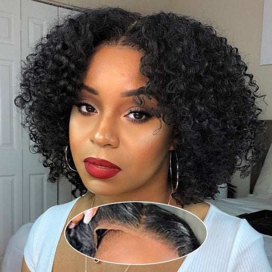 Amygirl Wear and Go Glueless Wigs Human Hair Pre Plucked Pre Cut Bob 4x4 Curly Wave Lace Front Wig 180% Density No Glue Human Hair Wigs for Black Women, Natural Black 1B, 8 Inch