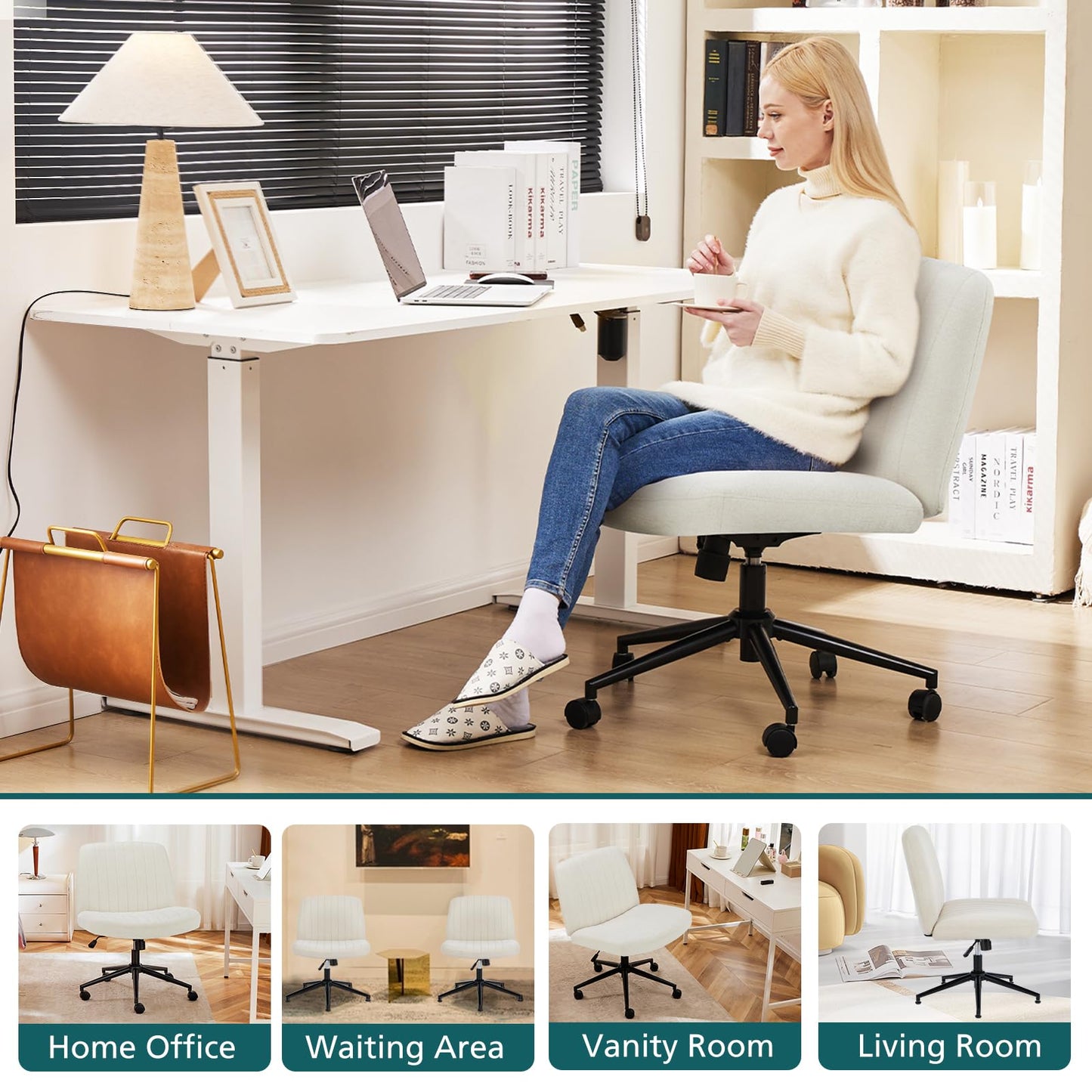OLIXIS Criss Cross Chair with Wheels Wide Cross Legged Office Desk Vanity Chair Comfy Fabric Armless Adjustable Swivel for Home Computer Task Fabric Beige