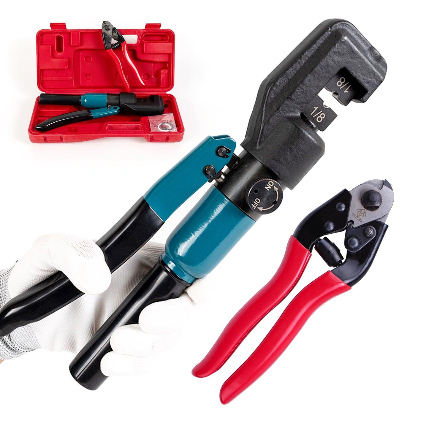 Muzata Custom Cable Railing Crimping Tool Hydraulic Crimper Hydraulic Crimping Tool for 1/8" Stainless Steel Cable Railing Kit Wire Rope Swaging Kit with Wire Cutter CR09 CK12