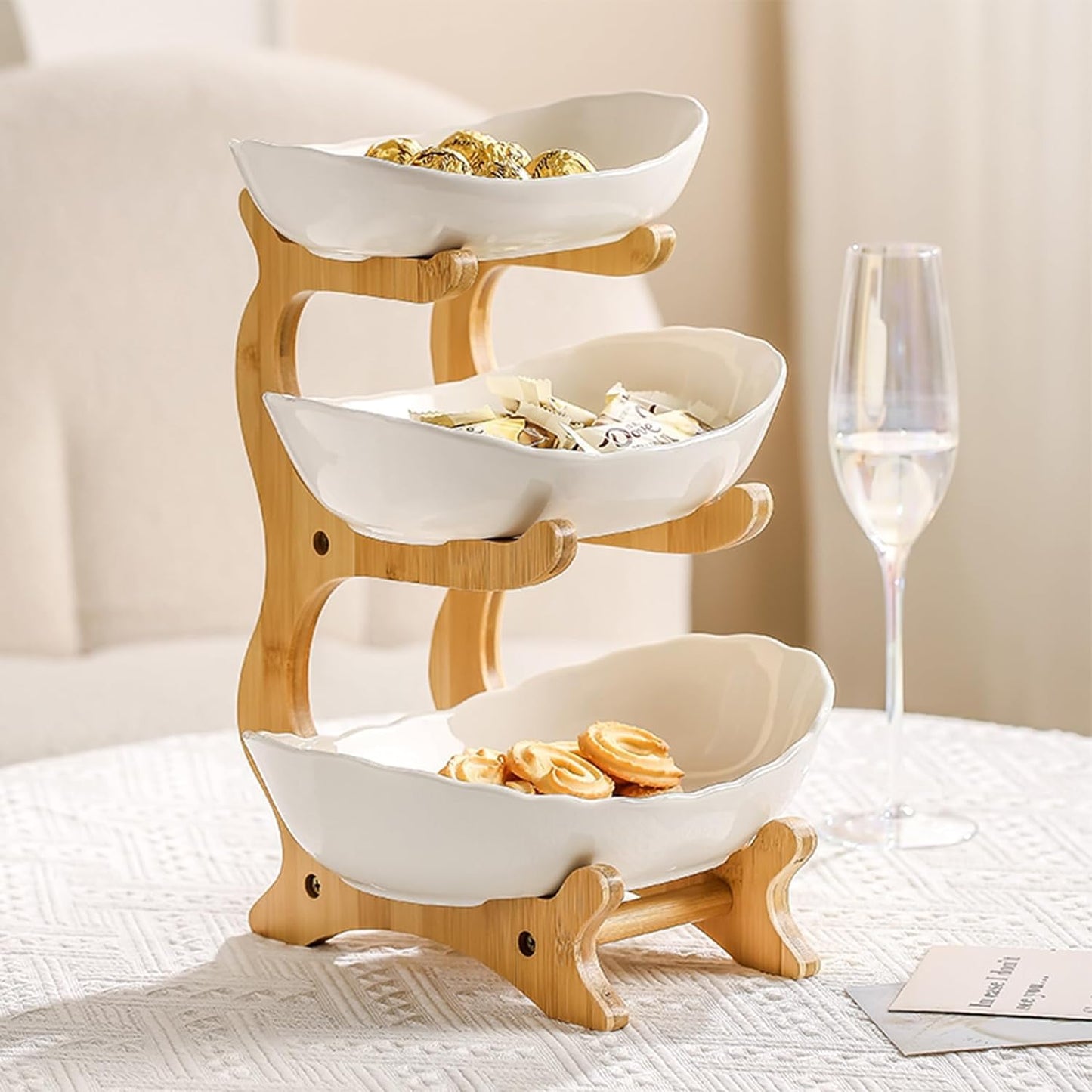 HOMKULA 3 Tier Ceramic Fruit Bowl for Kitchen Counter - Decorative Tiered Fruit Basket Holder Stand Organizer for Kitchen Countertop (White)