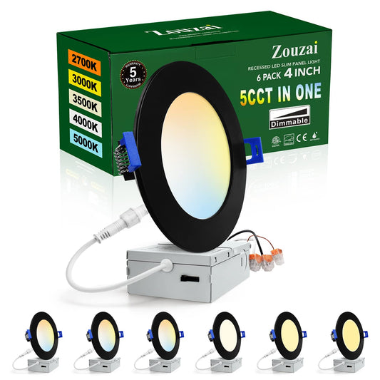 zouzai 6 Pack 4 Inch Black 5CCT Reset Ultra-Thin LED Recessed Ceiling Light with Junction Box, 2700K/3000K/3500K/4000K/5000K Selectable, 9W, Dimmable-ETL and Energy Star Certified