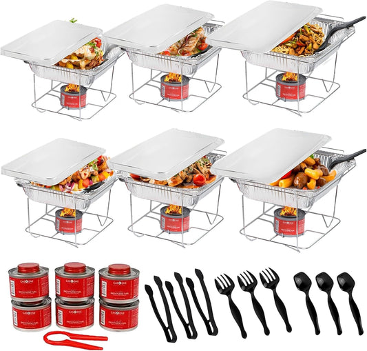 Alpha Living 6 Pack - Disposable Chafing Dish Buffet Set, Welded Body Food Warmers for Parties, Fuel Cans Complete Set, Half Size Pans, Warming Trays