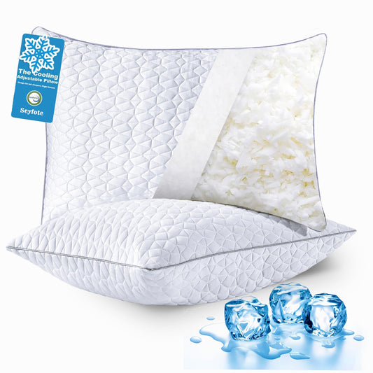 Cooling King Size Pillows Set of 2, Shredded Memory Foam Pillows, Adjustable Firm Bed Pillows Cool Cold Pillow for Hot Side Back Stomach Sleepers with Removable Washable Cover, 20" x 36", White