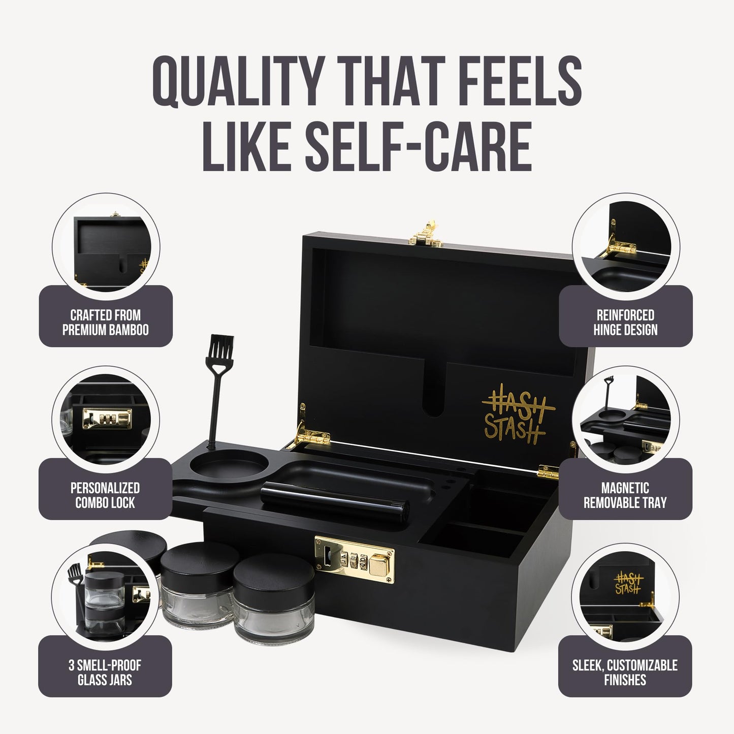 HASHSTASH The OG Storage Box - Large Bamboo Box with Combination Lock, Magnetic Lid, Organizer Tray, Airtight Tube and 3 Jars - Discreet Decorative Locking Wooden Box with Accessories (Black/Gold)