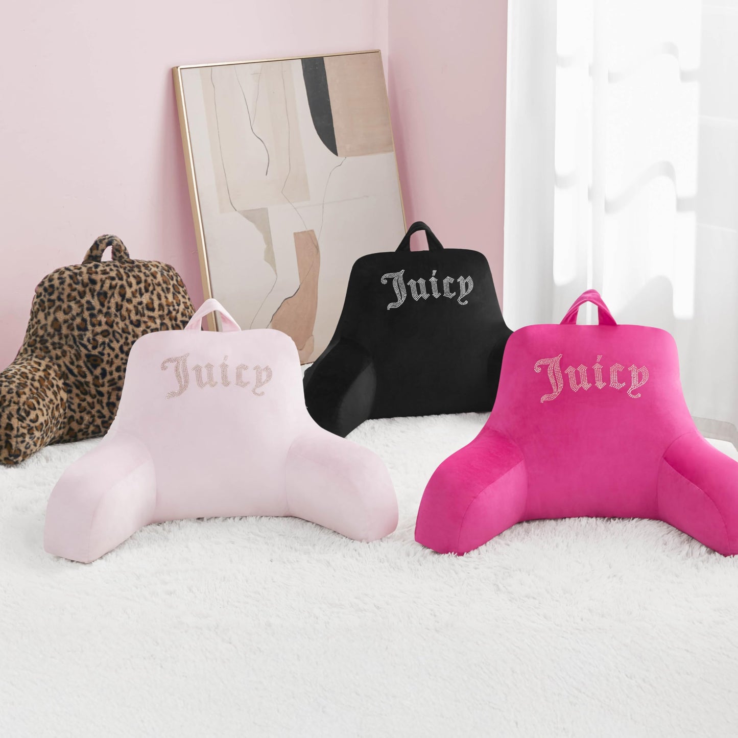 Juicy Couture Velour Backrest Pillow with Rhinestone Juicy Logo - 30"x17", Hot Pink Supportive Bed Rest Pillow for Reading, Gaming, or Relaxing