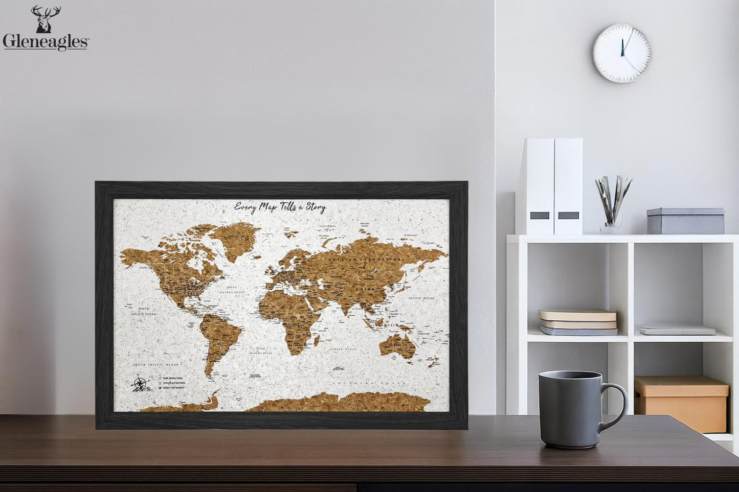 Gleneagles World Travel Map with Pins - Black Frame Cork Board 70 Push Pins Included 21.2''x14.2'' Home Office Wanderlust Decor Gift Present for Travelers Mark Past Future Adventure 3 Colours