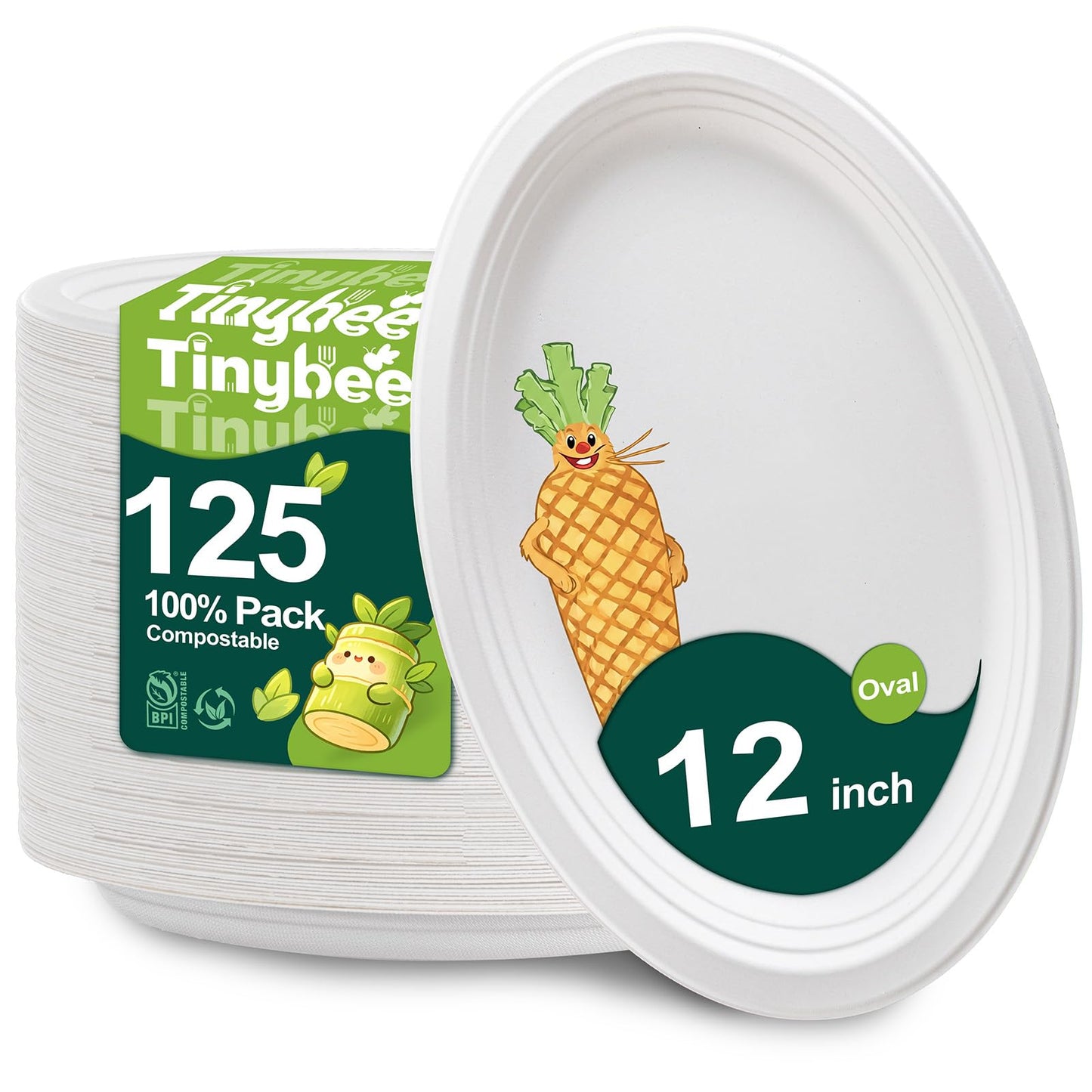Tinybee Compostable Plates Heavy Duty 12 Inch - 125 Pack Paper Plates Eco-Friendly Large Paper Plates Microwave-Safe, Soak-Proof, Cut Resistant, Disposable Plates for Dinner BBQ Picnic Party, White