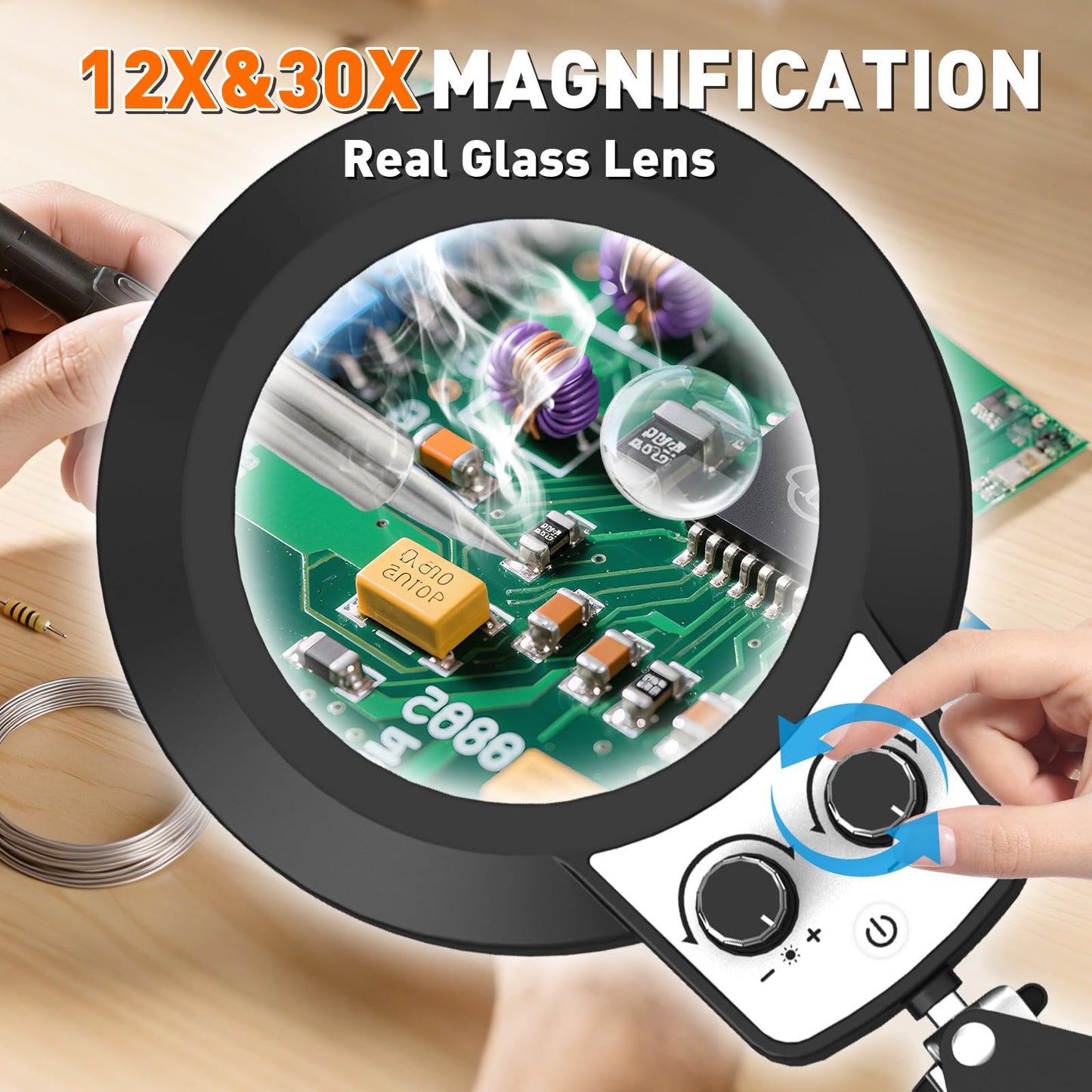 KIRKAS 12X & 30X Magnifying Glass with Light and Stand, Extra-Long Arm Magnifying Lamp Overhead Knob for Workbench, Craft, LED Lighted Magnifier Real Glass Lens Stepless Dimming and Color(35in Clamp)