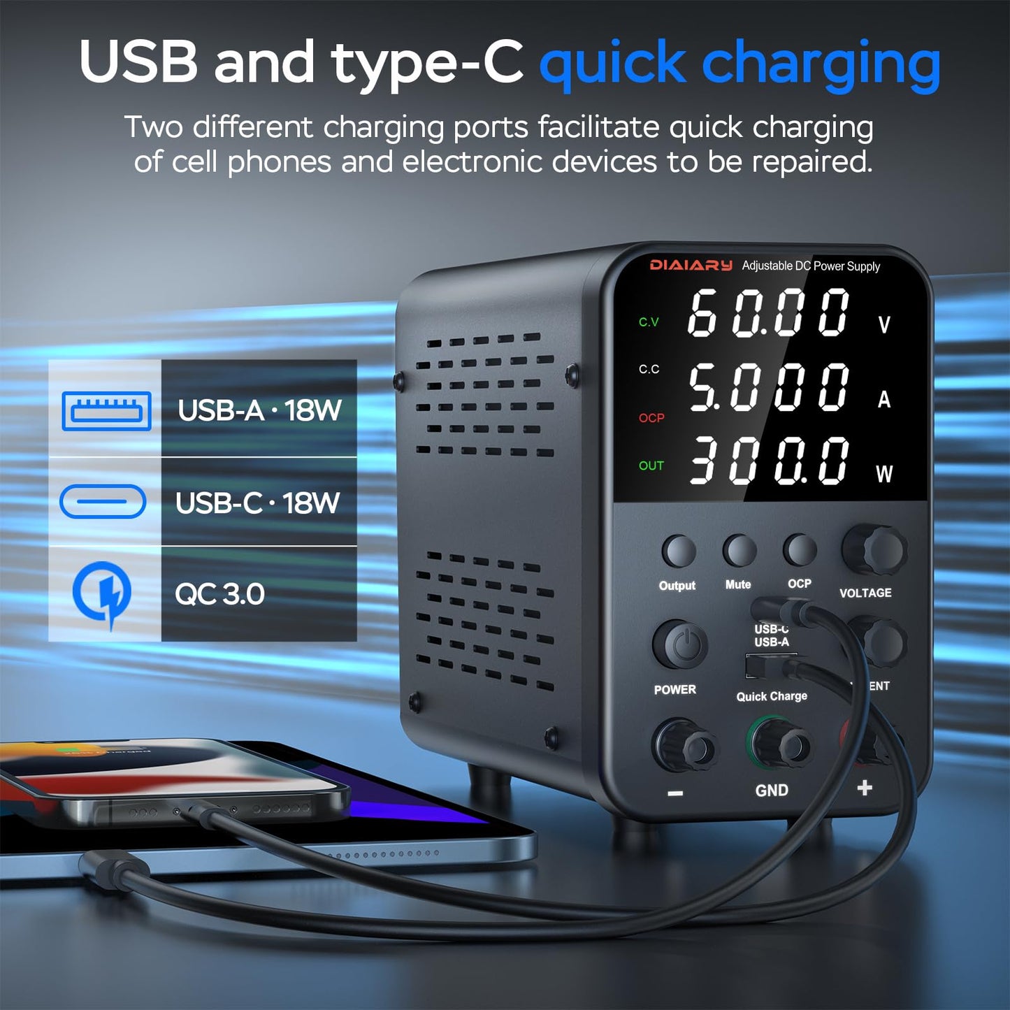 DC Power Supply Variable, 62V 5A Adjustable Switching Regulated DC Bench Power Supply with Intelligent Charging Mode, 18W USB Interface, Precision Encoder Knob