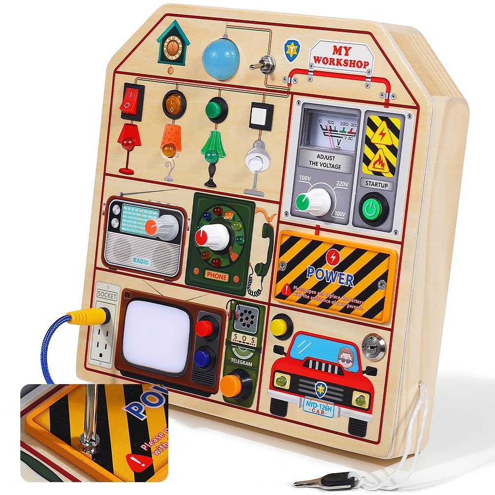 Montessori Wooden Busy Board for Toddlers 1 2 3 Years Old, Wooden Sensory Toddler Toys with LED Light Switches, TV Radio Telegram and Car Driving, Travel Toys Birthday for Boys Girls