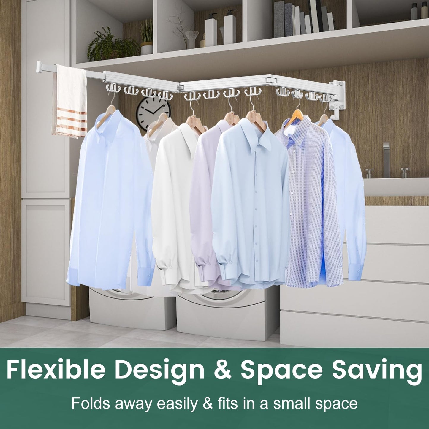 Kelisiting Wall Mounted Clothes Drying Rack, Laundry Drying Rack Wall Mount, 3-Fold Drying Rack Clothing, Foldable Clothes Drying Rack with 12 Dual Hooks Organization for Laundry Room Indoor - White