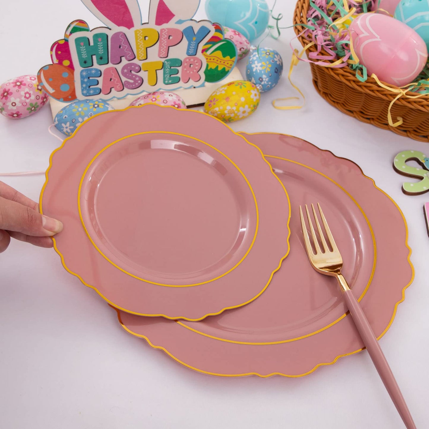 Nervure Purple Plastic Plates 100 Packed- Mauve and Gold Disposable Plates & Gold Plastic Silverware with Purple Handle For Wedding&Coming Spring Parties - Served for 20Guests