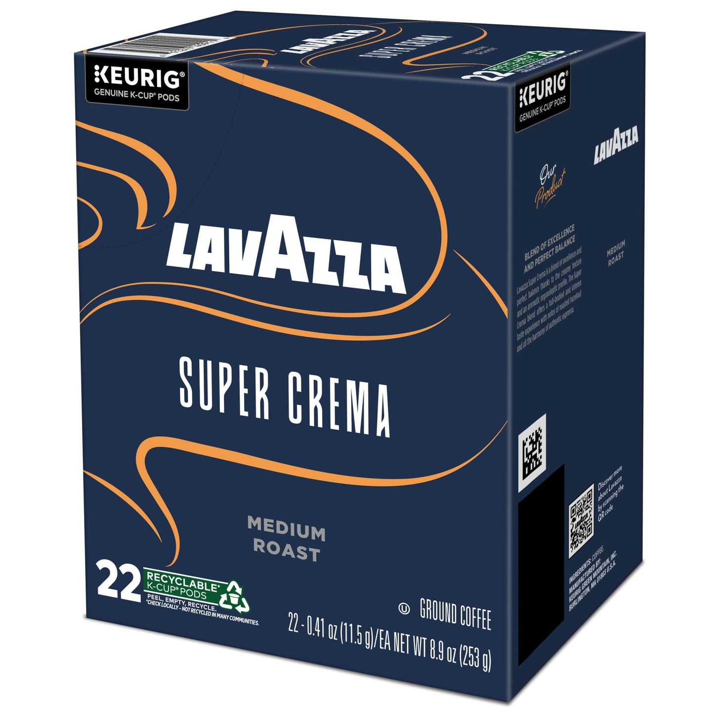 Lavazza Super Crema, Single Serve Keurig K-Cup Pods, Medium Espresso Roast Coffee, 88 Count (4 Packs of 22)