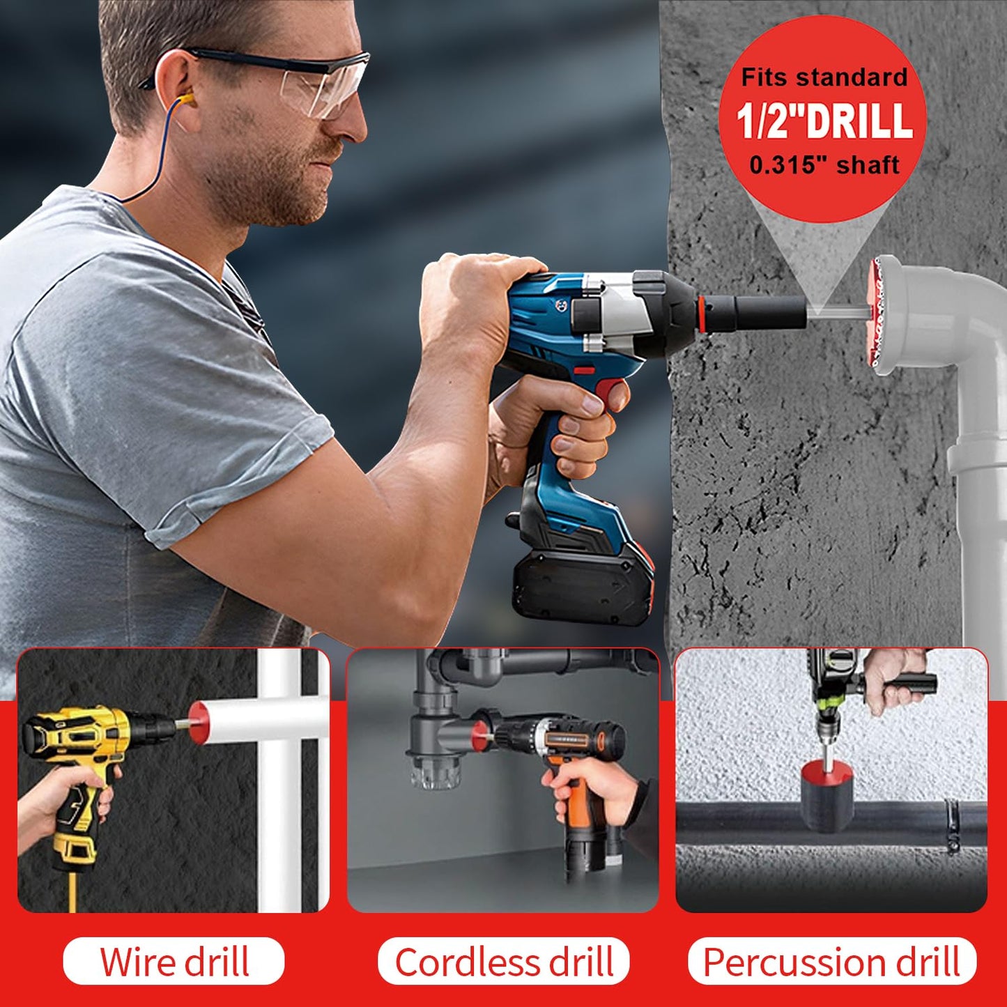 9 PCS PVC Pipe Reamer Kit, Fitting Saver Contains 1/2",3/4'', 1'',1-1/4",1-1/2'',2'', 2-1/2", 3'', 4'' Head Reamers, Plumbing Tools for Standard 1/2" Drills,Suit for PVC,CPVC, PP, PE and ABS Pipes